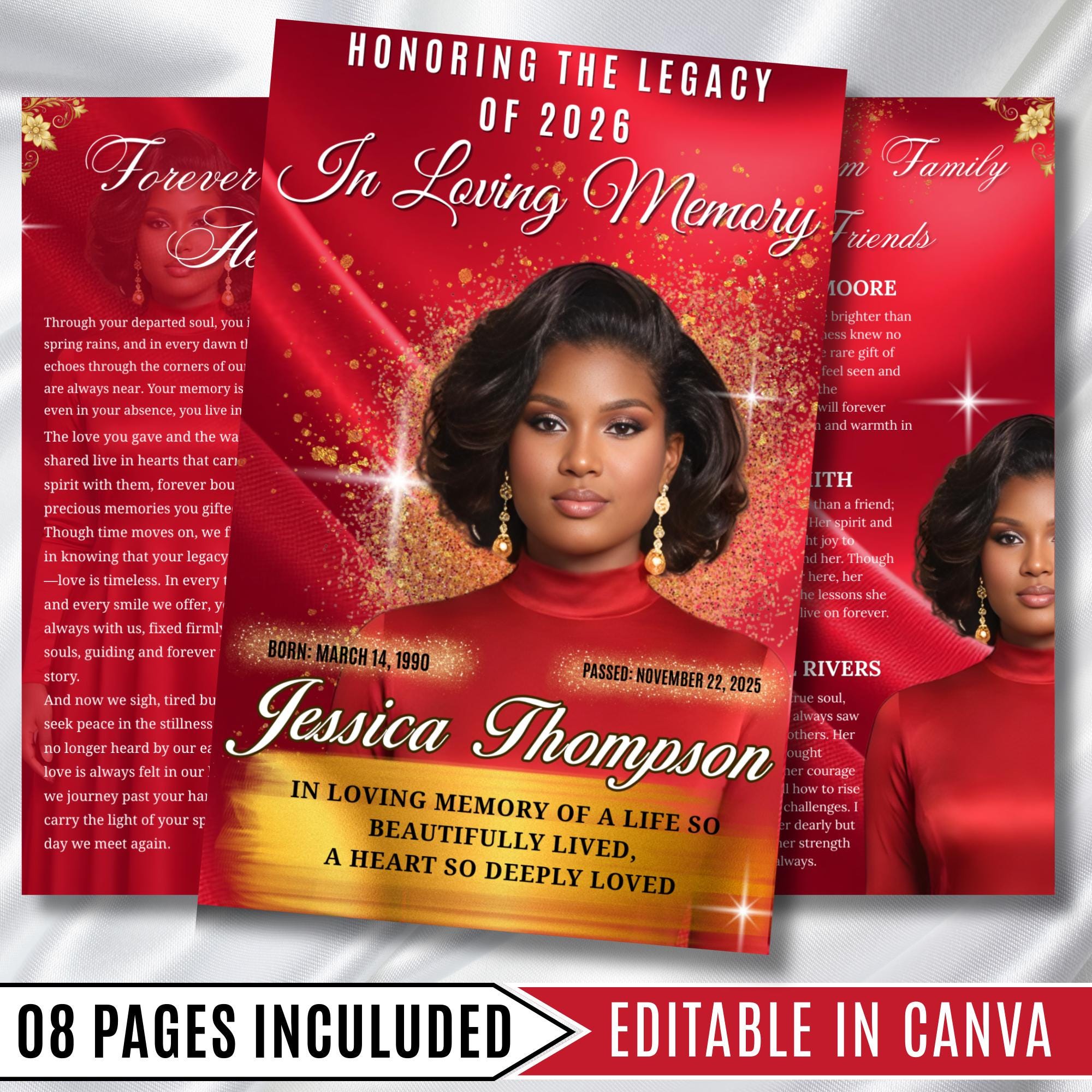 08 Pages Red In Loving Memory Funeral Program Template, Editable Bifold 11x8.5” Design, Obituary Celebration Of Life, Digital Download - Editable Memorial Canva Template