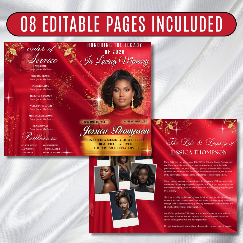 08 Pages Red In Loving Memory Funeral Program Template, Editable Bifold 11x8.5” Design, Obituary Celebration Of Life, Digital Download - Editable Memorial Canva Template