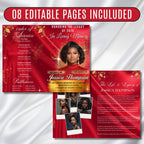 08 Pages Red In Loving Memory Funeral Program Template, Editable Bifold 11x8.5” Design, Obituary Celebration Of Life, Digital Download - Editable Memorial Canva Template