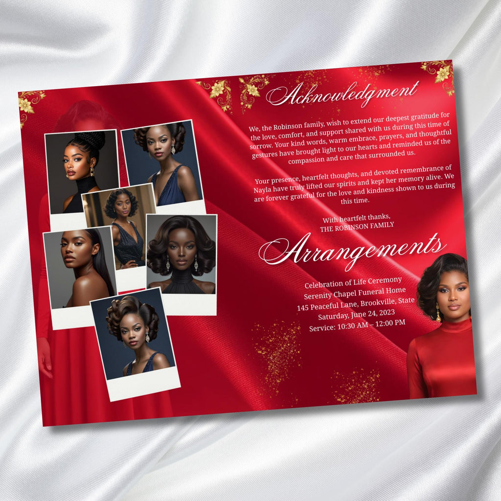 08 Pages Red In Loving Memory Funeral Program Template, Editable Bifold 11x8.5” Design, Obituary Celebration Of Life, Digital Download - Editable Memorial Canva Template
