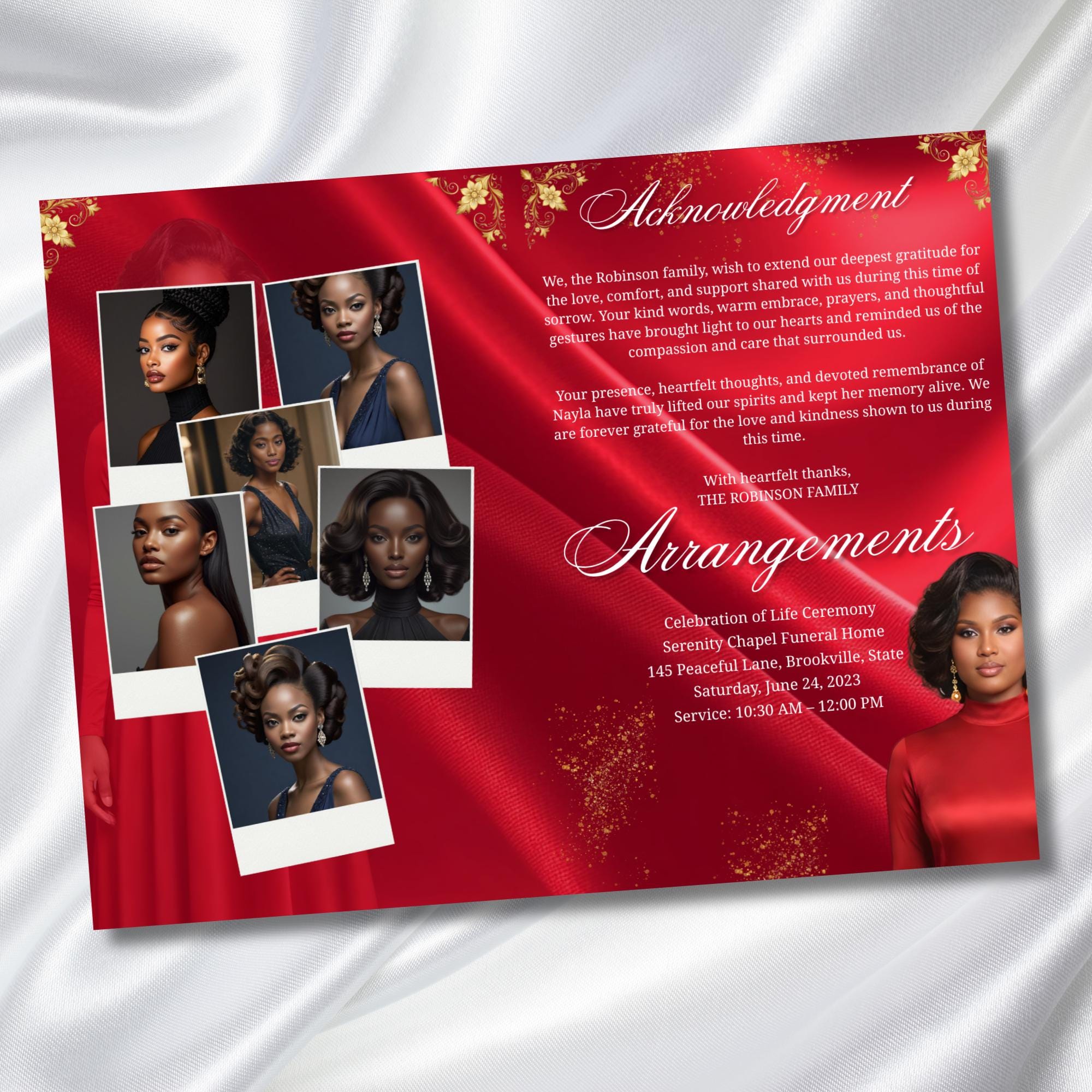 08 Pages Red In Loving Memory Funeral Program Template, Editable Bifold 11x8.5” Design, Obituary Celebration Of Life, Digital Download - Editable Memorial Canva Template