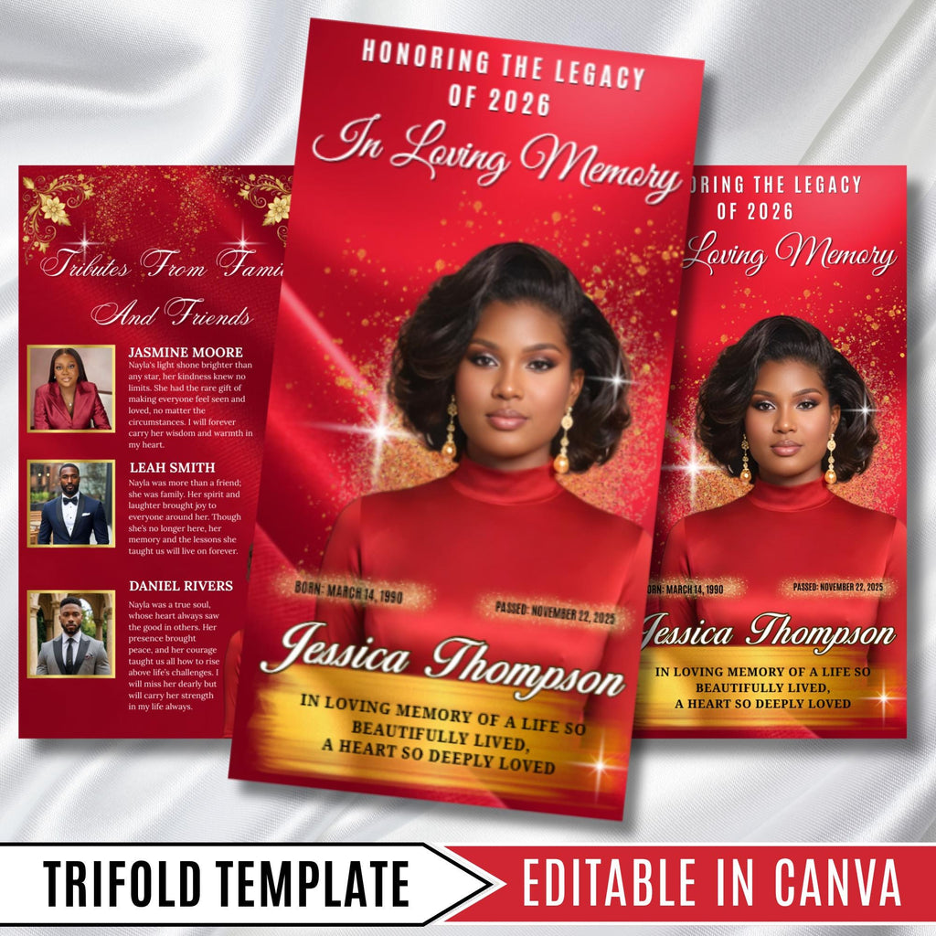In Loving Memory TriFold Red Funeral Program Template, TriFold 17x11 Program, Celebration of Life Obituary Program, Memorial Funeral Program - Editable Memorial Canva Template
