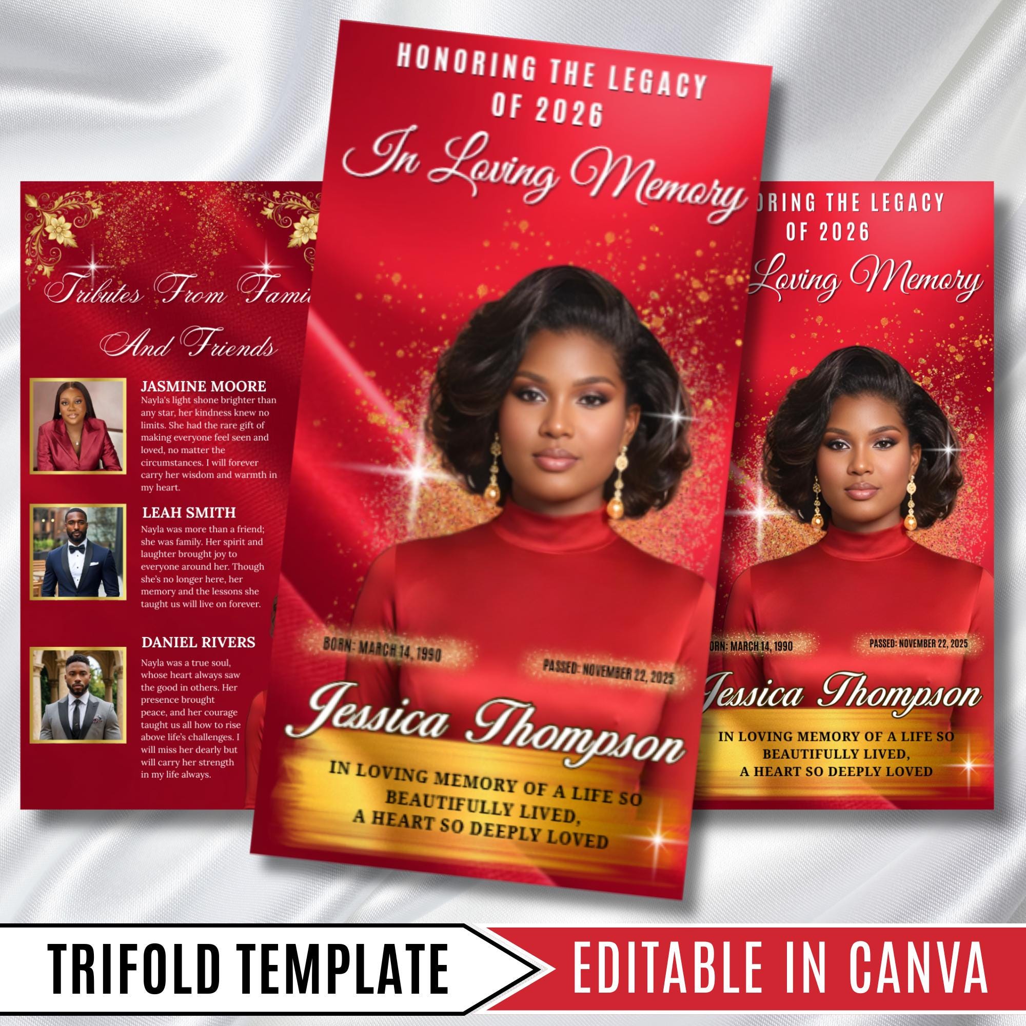 In Loving Memory TriFold Red Funeral Program Template, TriFold 17x11 Program, Celebration of Life Obituary Program, Memorial Funeral Program - Editable Memorial Canva Template