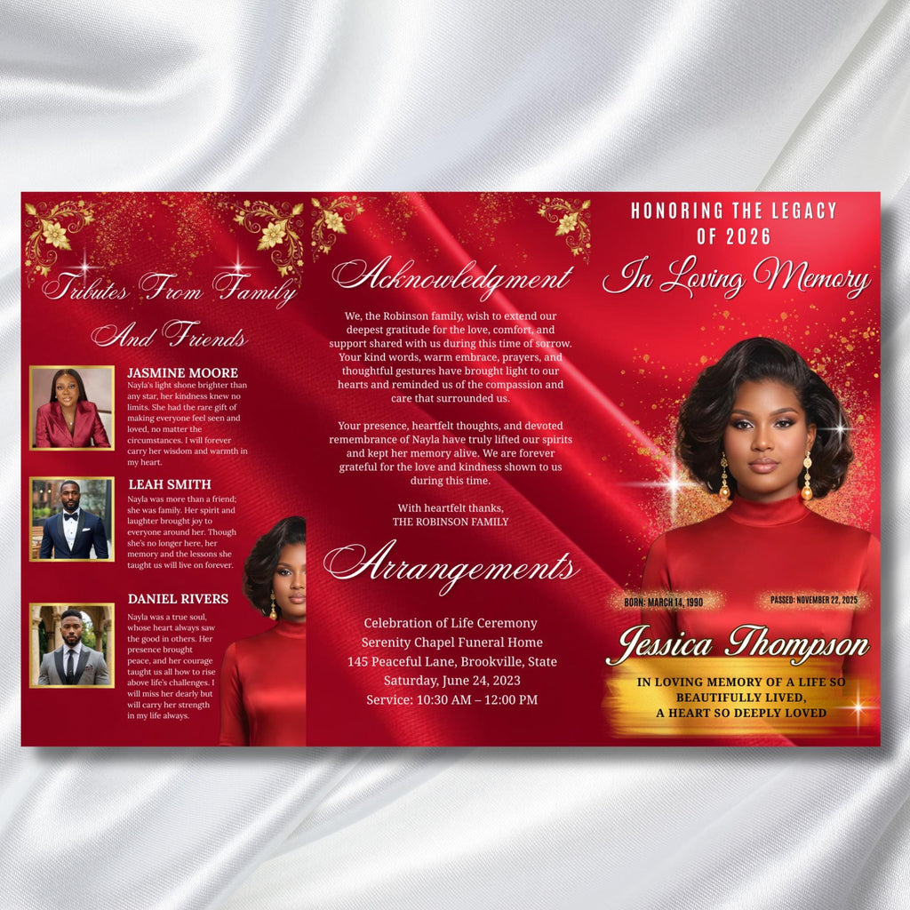 In Loving Memory TriFold Red Funeral Program Template, TriFold 17x11 Program, Celebration of Life Obituary Program, Memorial Funeral Program - Editable Memorial Canva Template