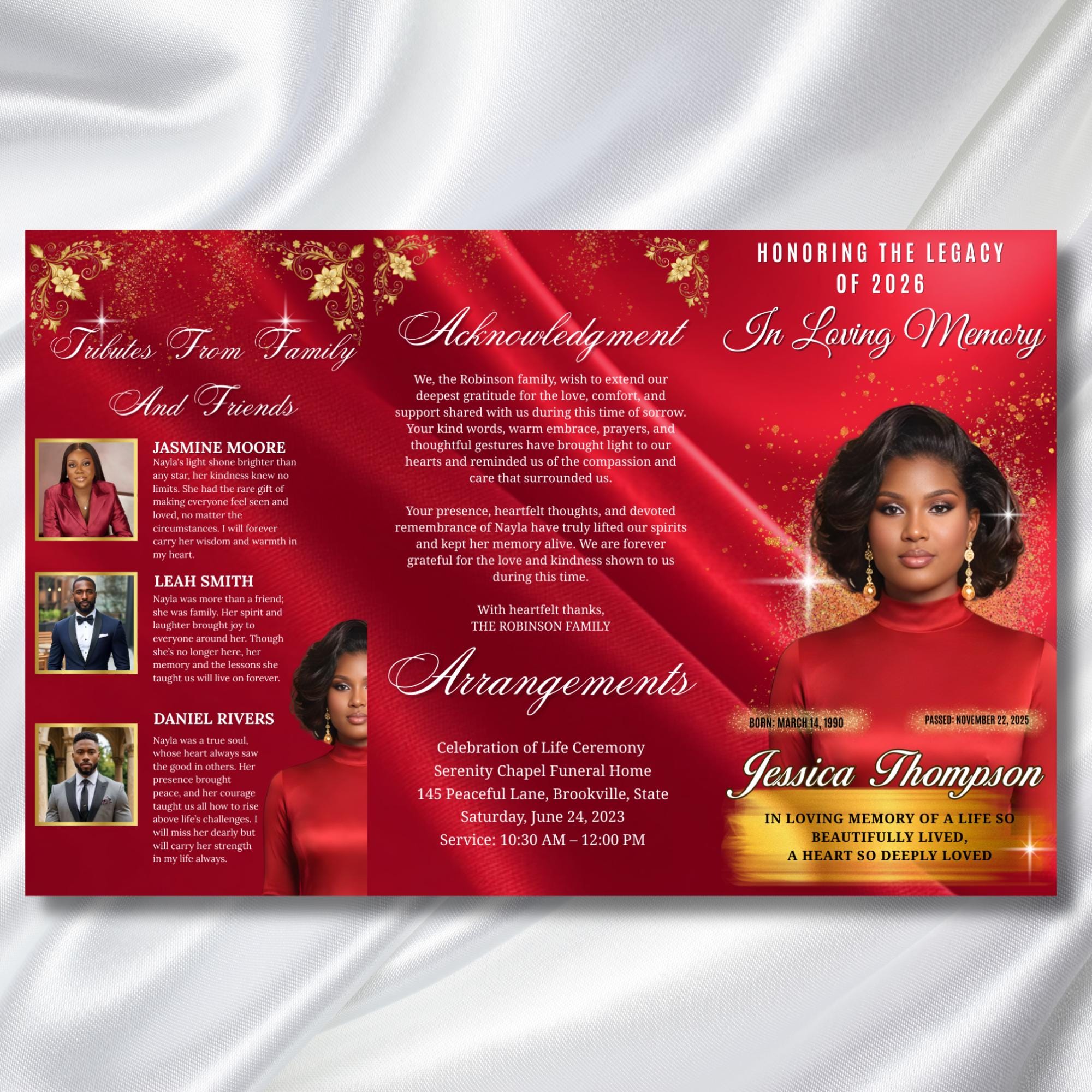 In Loving Memory TriFold Red Funeral Program Template, TriFold 17x11 Program, Celebration of Life Obituary Program, Memorial Funeral Program - Editable Memorial Canva Template