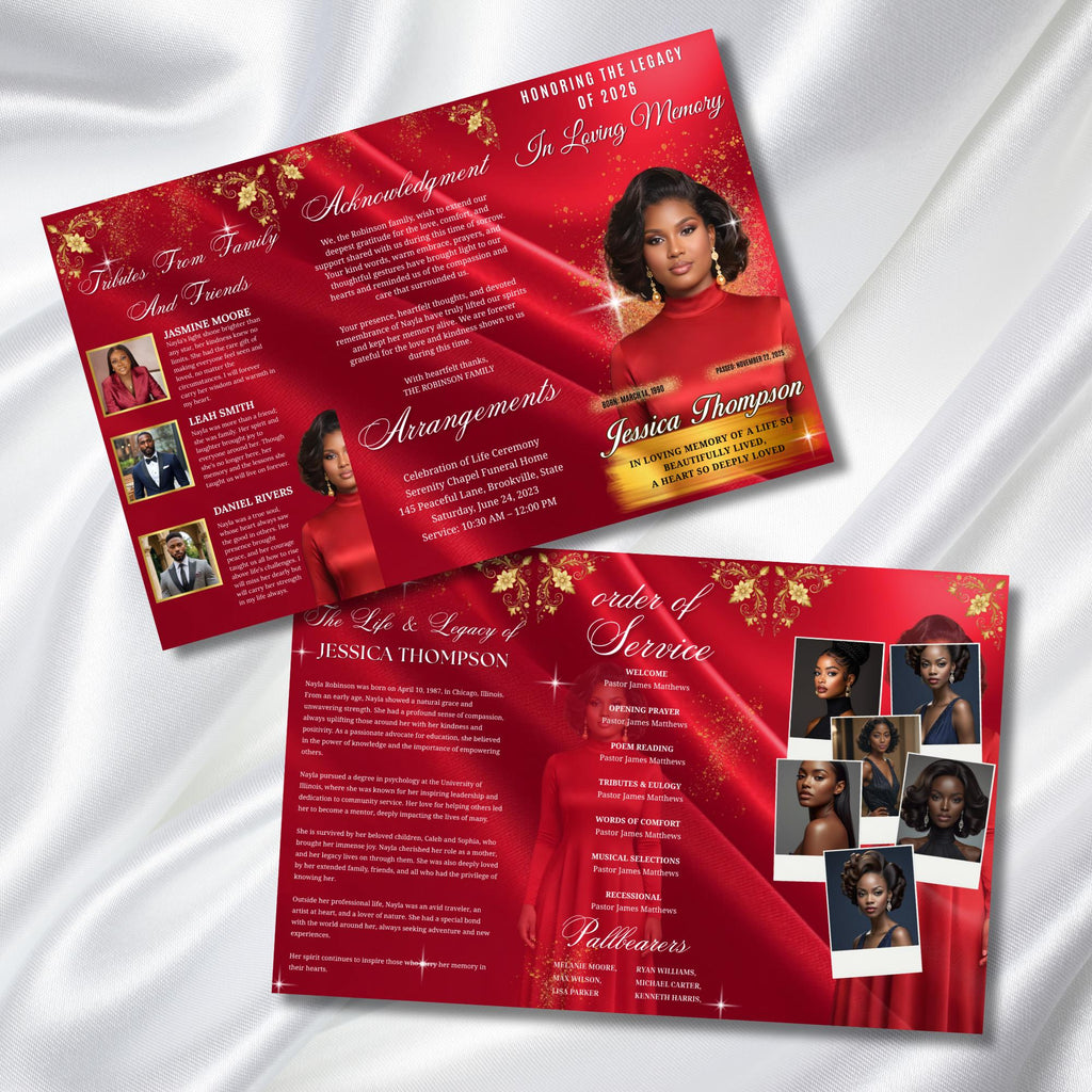 In Loving Memory TriFold Red Funeral Program Template, TriFold 17x11 Program, Celebration of Life Obituary Program, Memorial Funeral Program - Editable Memorial Canva Template