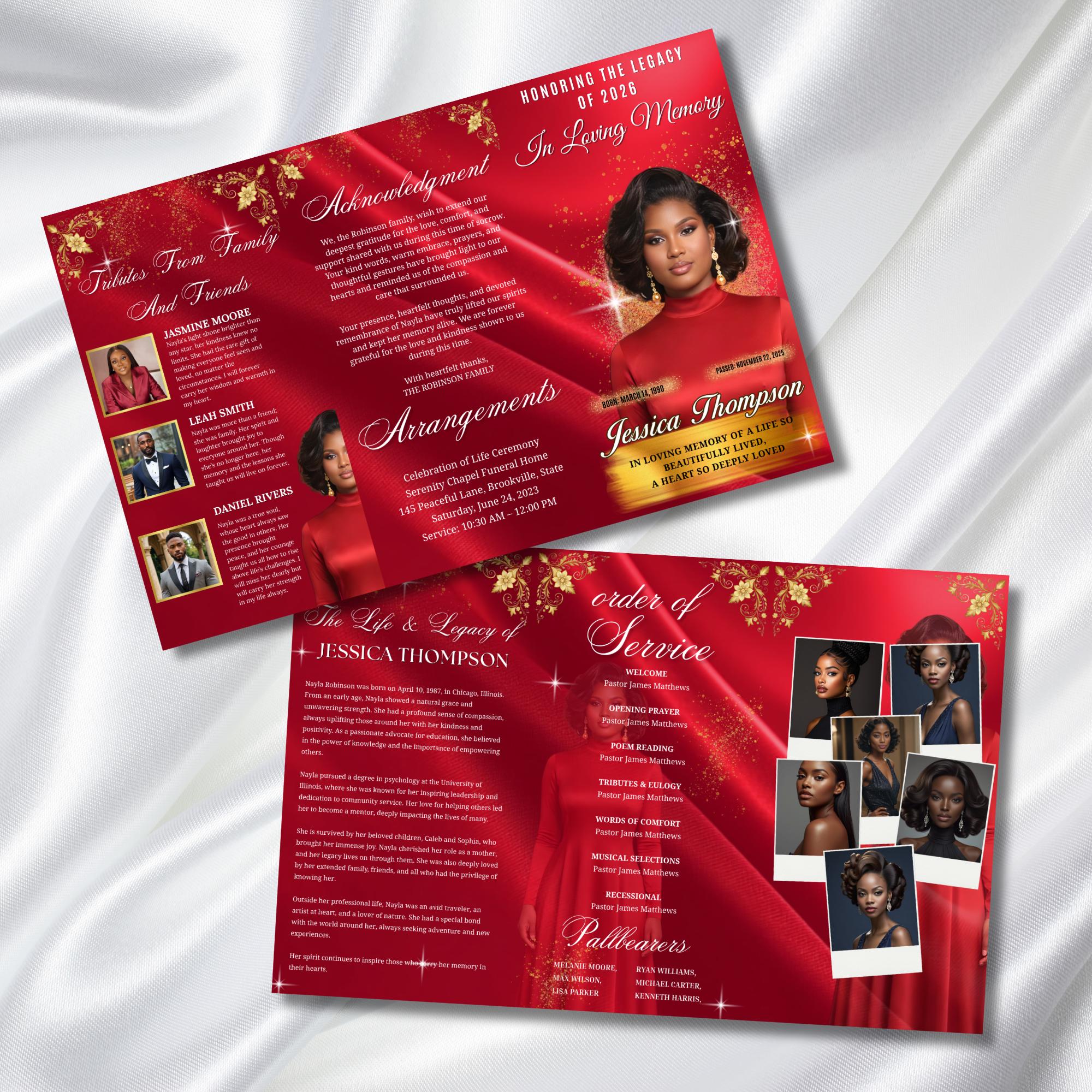 In Loving Memory TriFold Red Funeral Program Template, TriFold 17x11 Program, Celebration of Life Obituary Program, Memorial Funeral Program - Editable Memorial Canva Template