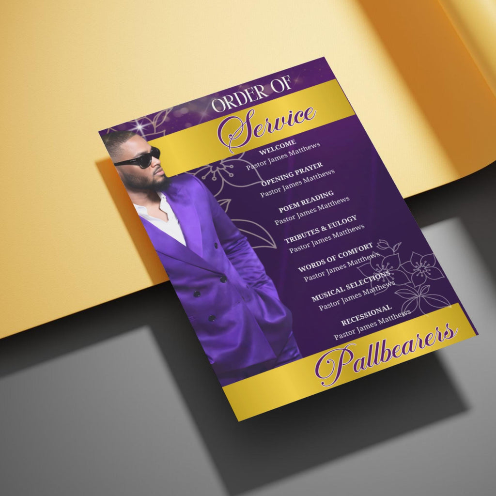 08 Purple In Loving Memory Funeral Program Template, Editable Bifold 11x8.5” Design, Obituary Celebration Of Life, Digital Download - Editable Memorial Canva Template