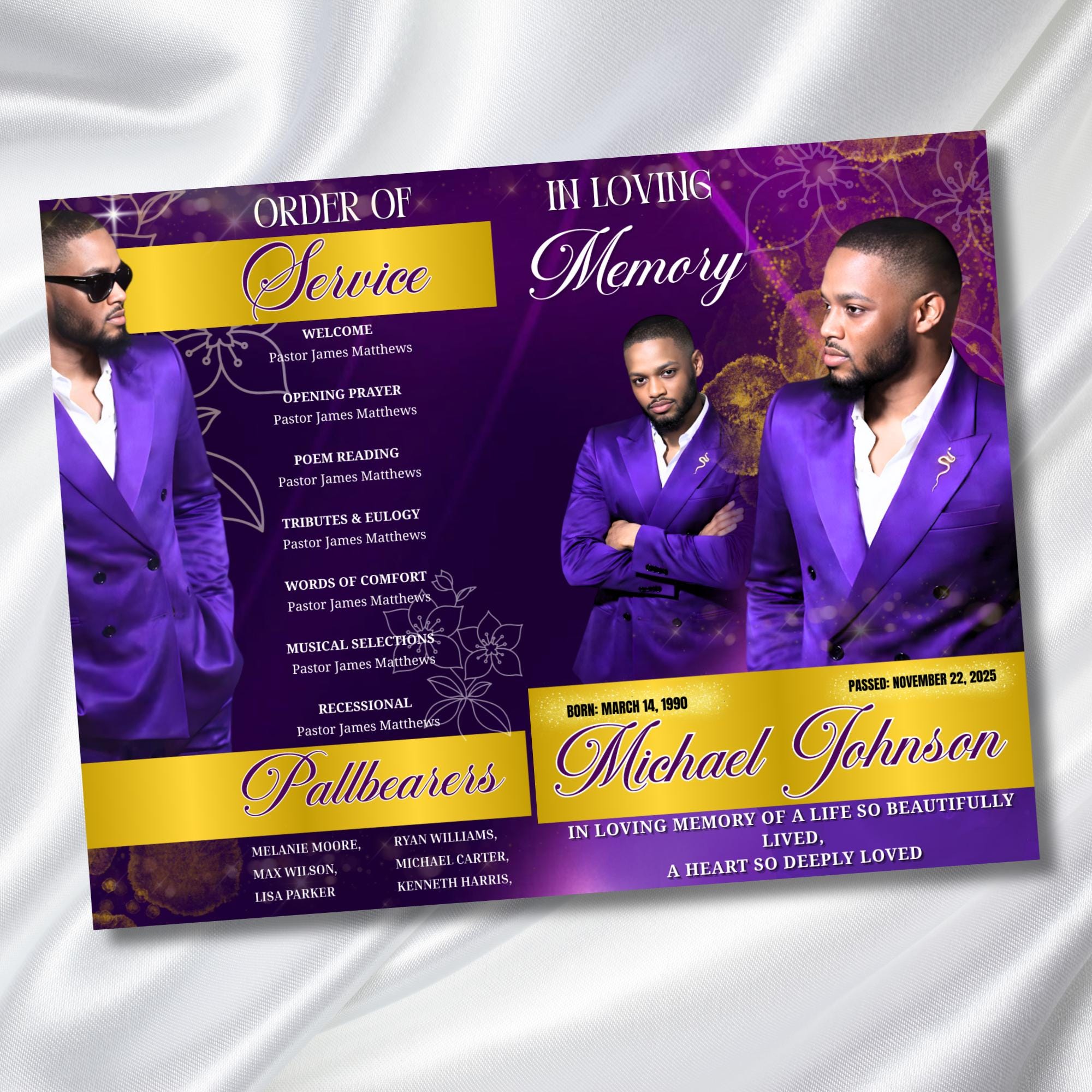 08 Purple In Loving Memory Funeral Program Template, Editable Bifold 11x8.5” Design, Obituary Celebration Of Life, Digital Download - Editable Memorial Canva Template