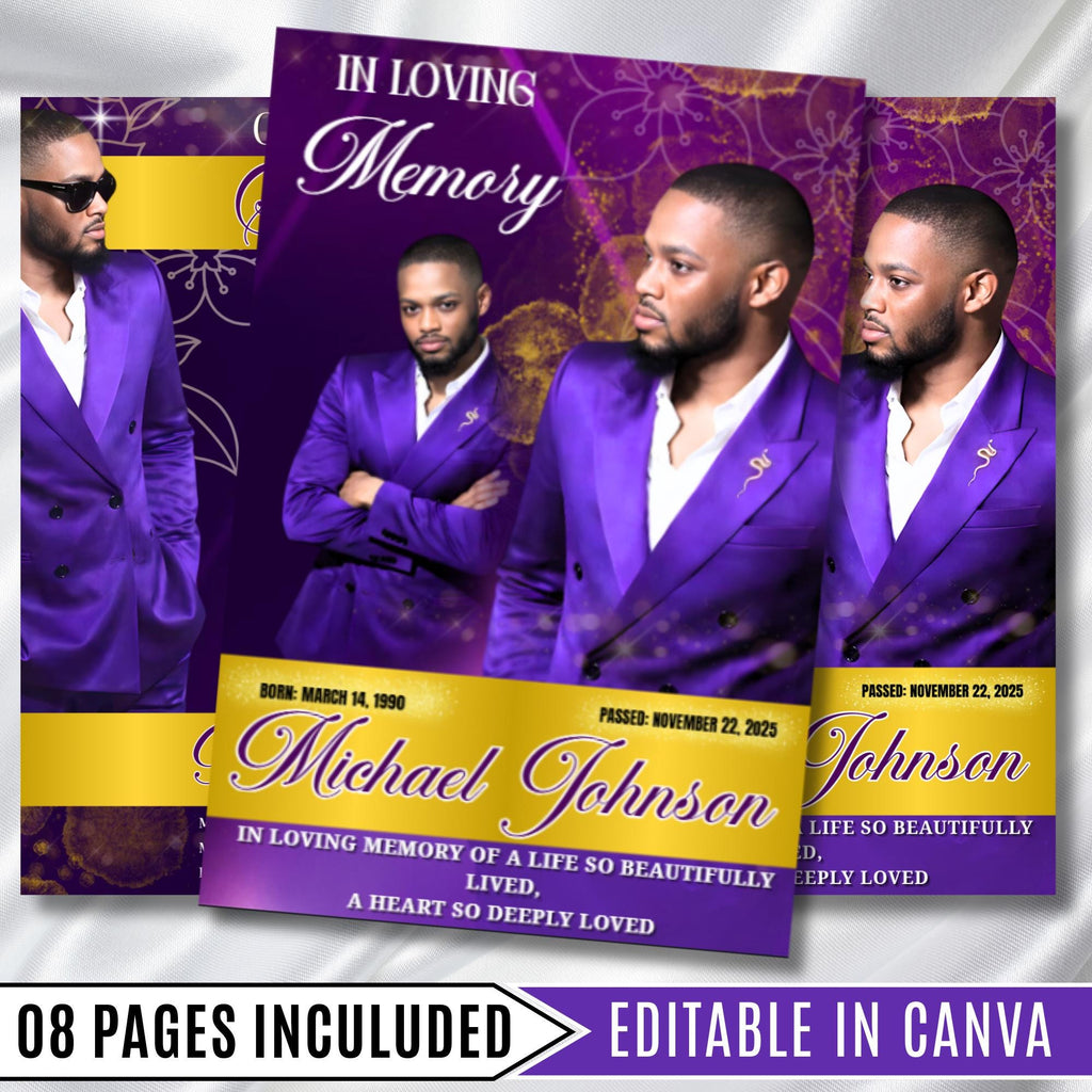 08 Purple In Loving Memory Funeral Program Template, Editable Bifold 11x8.5” Design, Obituary Celebration Of Life, Digital Download - Editable Memorial Canva Template
