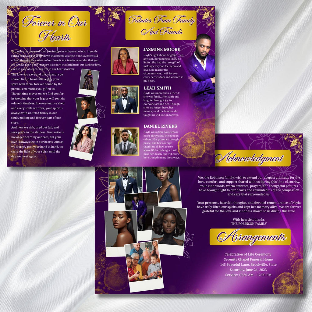 08 Purple In Loving Memory Funeral Program Template, Editable Bifold 11x8.5” Design, Obituary Celebration Of Life, Digital Download - Editable Memorial Canva Template