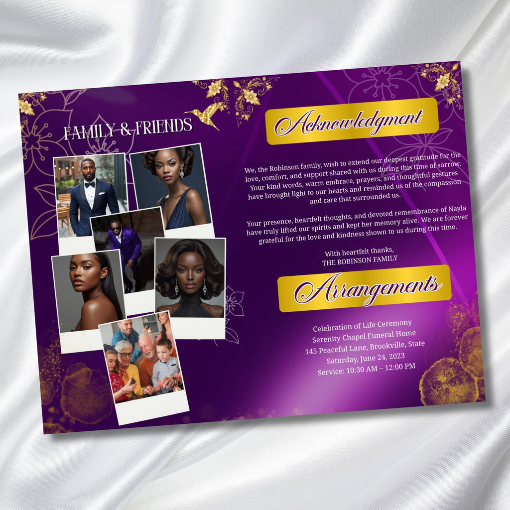 08 Purple In Loving Memory Funeral Program Template, Editable Bifold 11x8.5” Design, Obituary Celebration Of Life, Digital Download - Editable Memorial Canva Template
