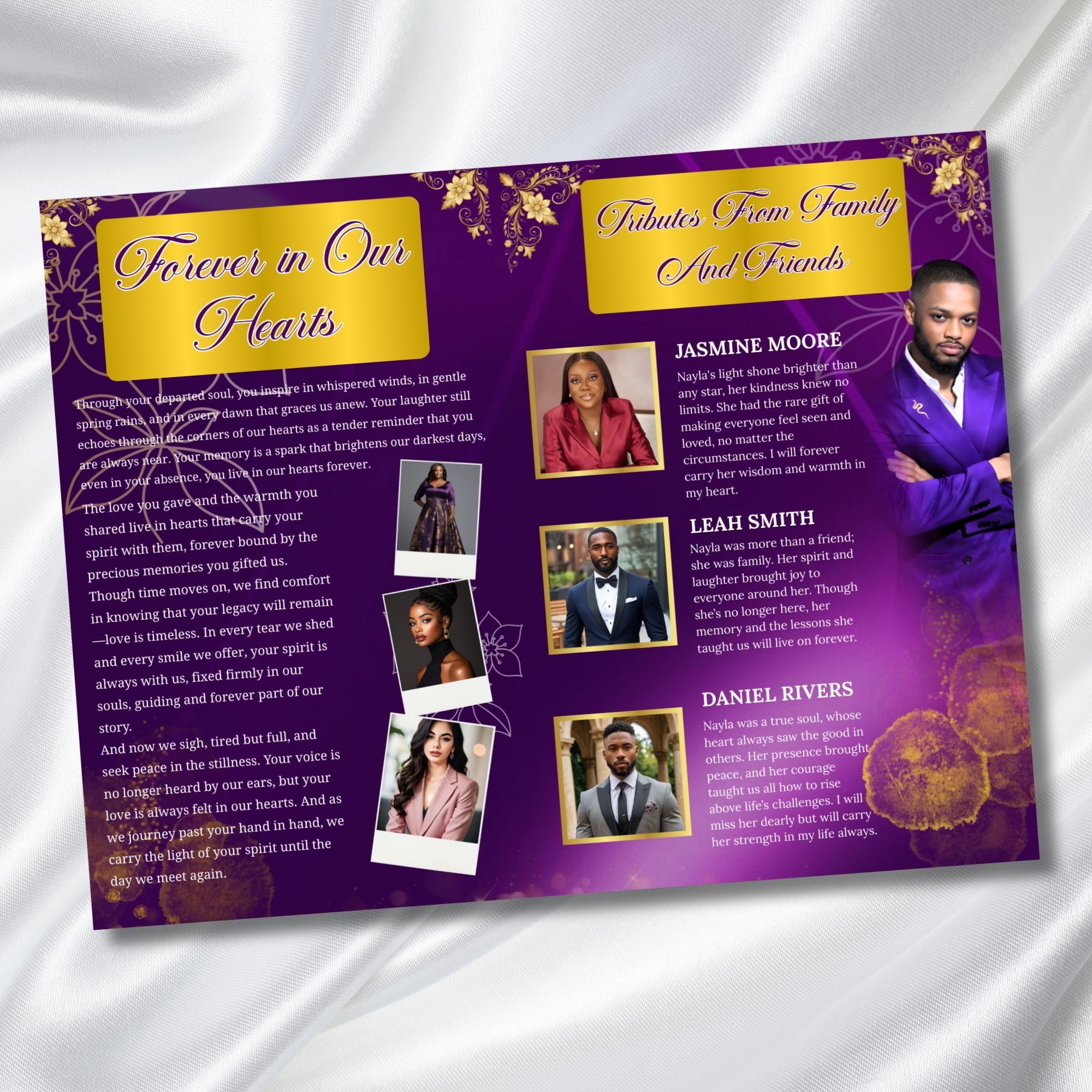 08 Purple In Loving Memory Funeral Program Template, Editable Bifold 11x8.5” Design, Obituary Celebration Of Life, Digital Download - Editable Memorial Canva Template
