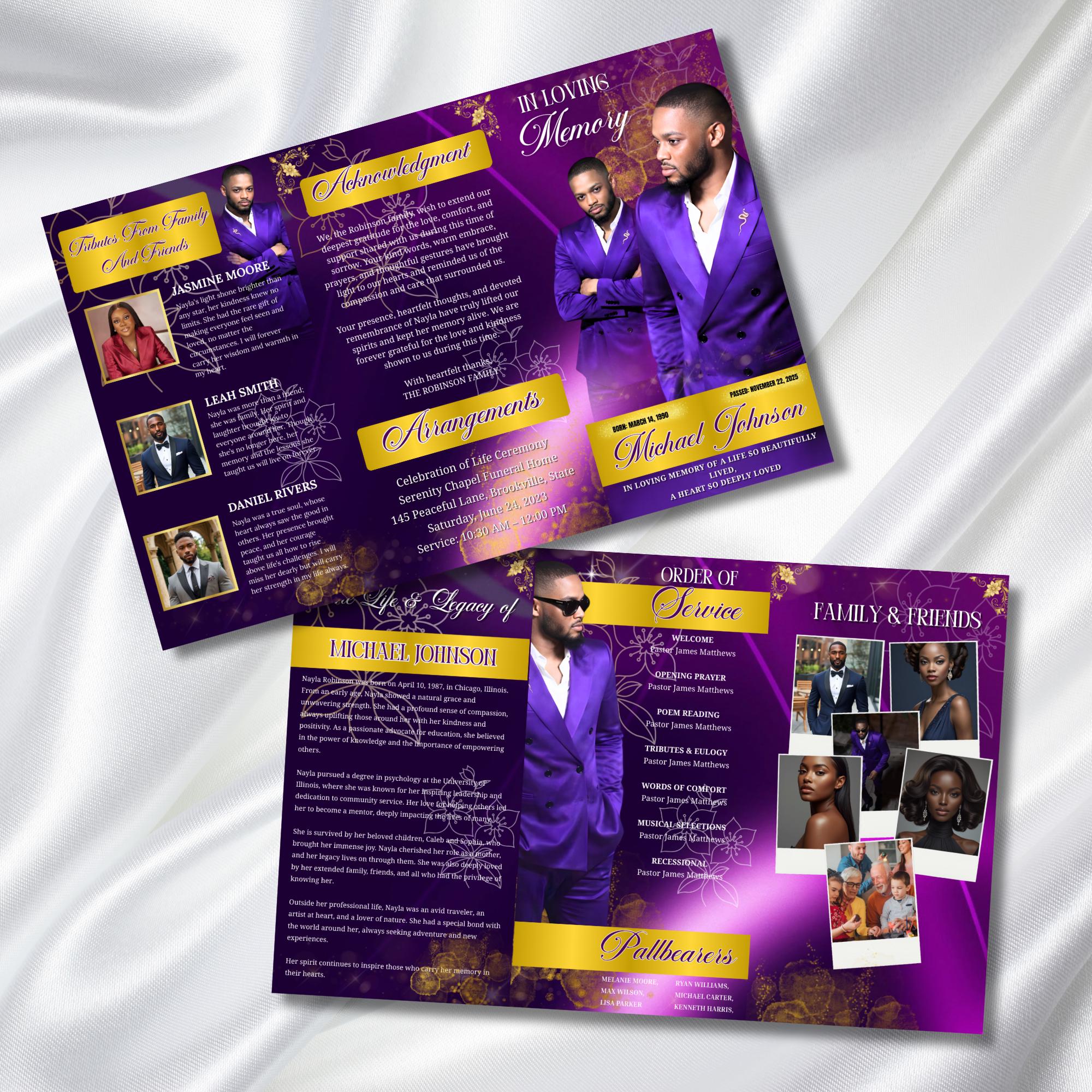 In Loving Memory Purple Funeral Program Template, Editable TriFold 17x11 Program, Celebration of Life Obituary Program, Digital Download - Editable Memorial Canva Template