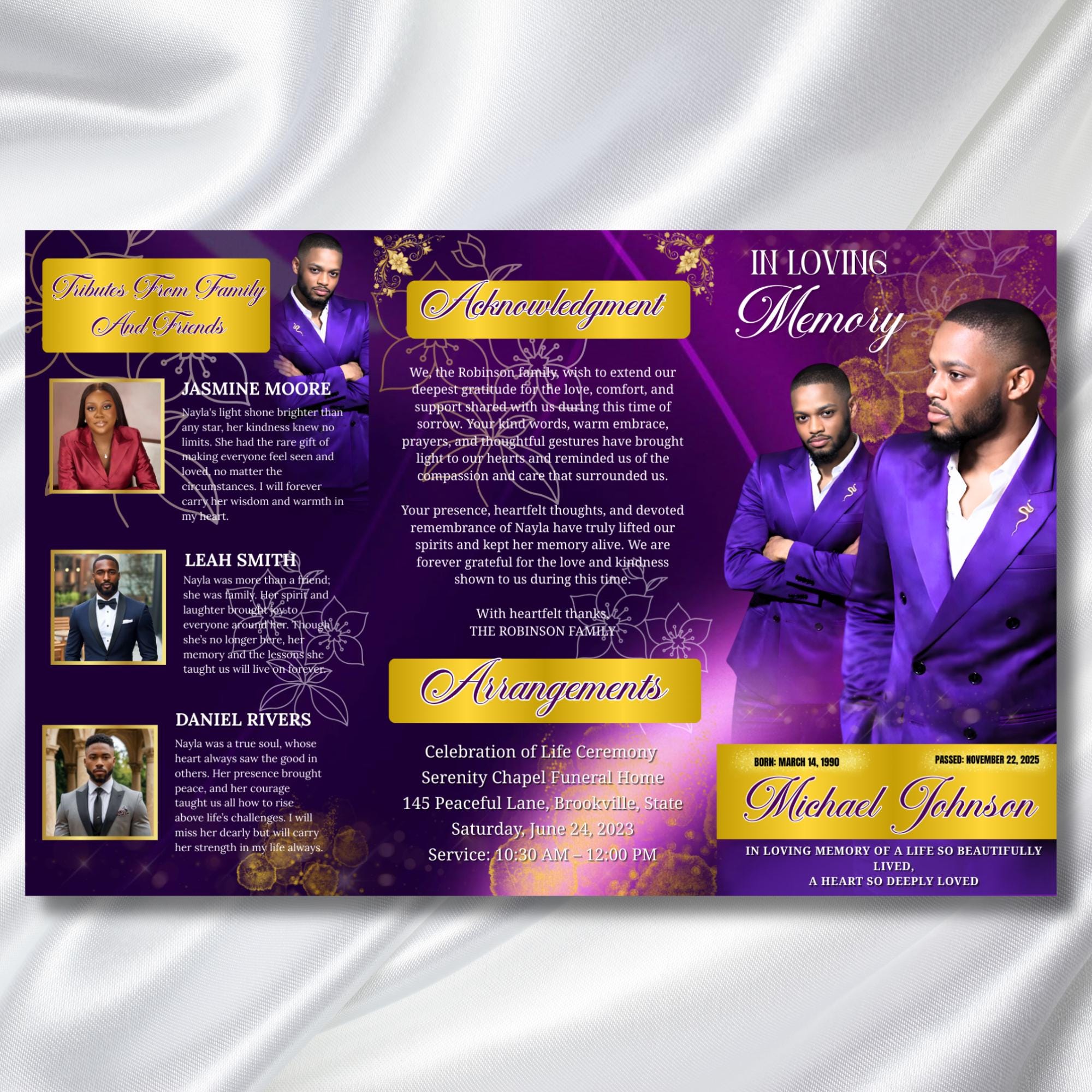 In Loving Memory Purple Funeral Program Template, Editable TriFold 17x11 Program, Celebration of Life Obituary Program, Digital Download - Editable Memorial Canva Template