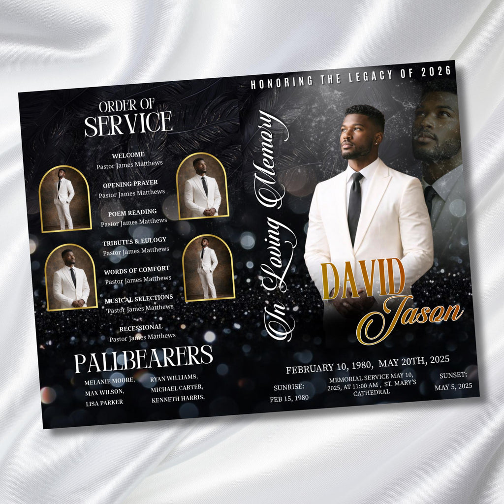 08 Black In Loving Memory Funeral Program Template, Memorial Editable Bifold 11x8.5” Design, Obituary Celebration Of Life, Digital Download - Editable Memorial Canva Template