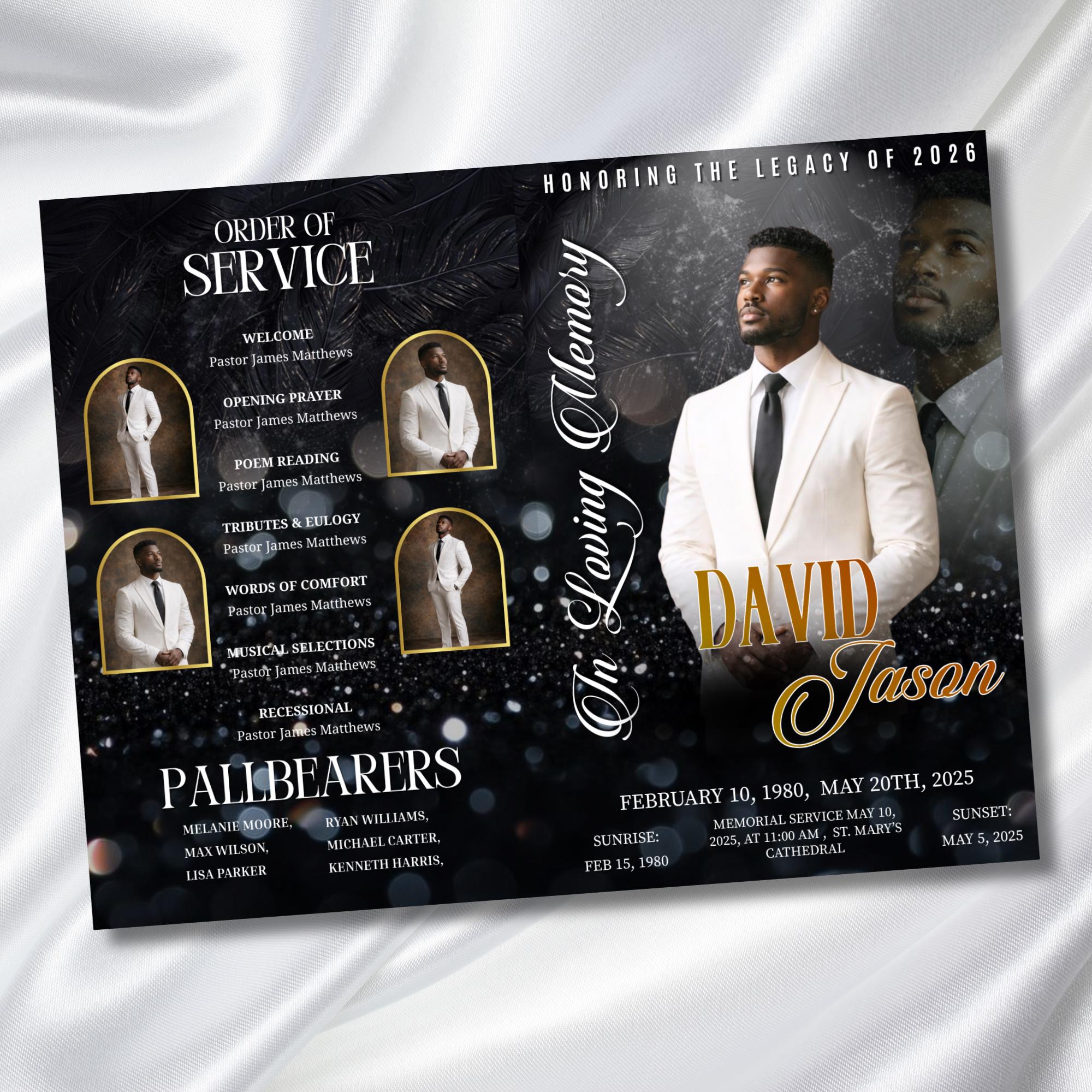 08 Black In Loving Memory Funeral Program Template, Memorial Editable Bifold 11x8.5” Design, Obituary Celebration Of Life, Digital Download - Editable Memorial Canva Template