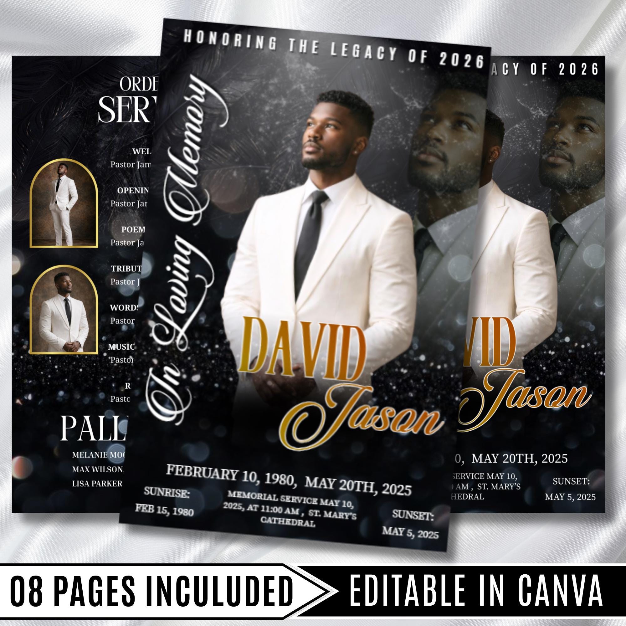 08 Black In Loving Memory Funeral Program Template, Memorial Editable Bifold 11x8.5” Design, Obituary Celebration Of Life, Digital Download - Editable Memorial Canva Template