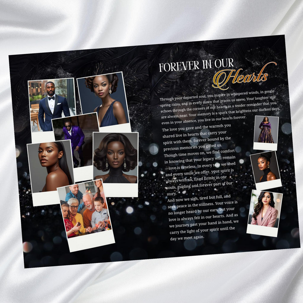 08 Black In Loving Memory Funeral Program Template, Memorial Editable Bifold 11x8.5” Design, Obituary Celebration Of Life, Digital Download - Editable Memorial Canva Template
