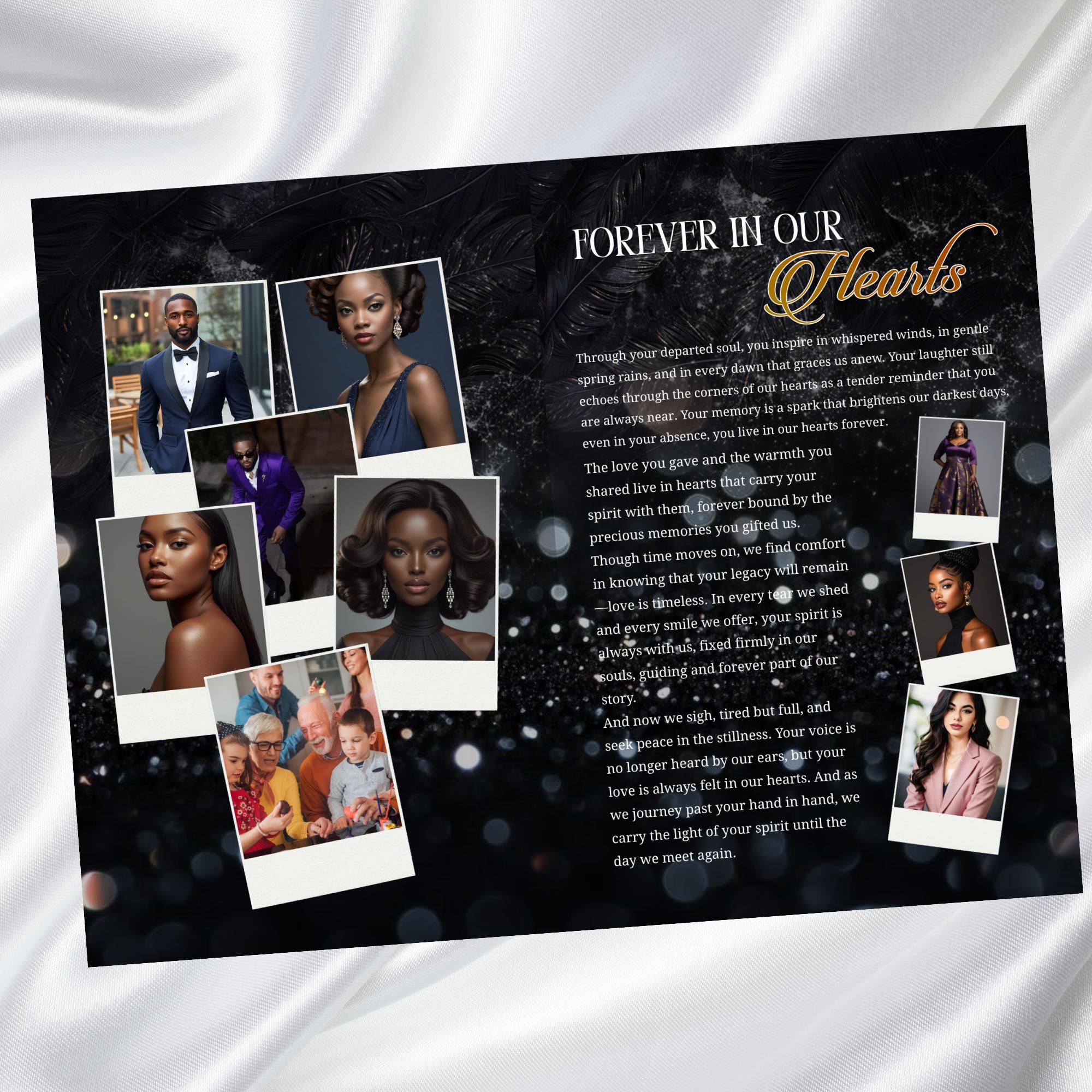 08 Black In Loving Memory Funeral Program Template, Memorial Editable Bifold 11x8.5” Design, Obituary Celebration Of Life, Digital Download - Editable Memorial Canva Template
