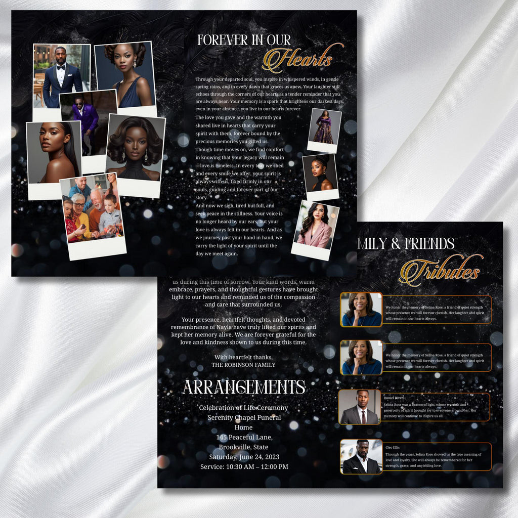 08 Black In Loving Memory Funeral Program Template, Memorial Editable Bifold 11x8.5” Design, Obituary Celebration Of Life, Digital Download - Editable Memorial Canva Template