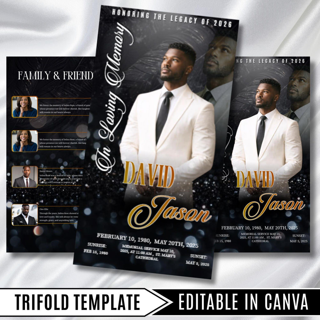 In Loving Memory Black Funeral Program Template, Editable TriFold 17x11 Program, Celebration of Life Obituary Program, Digital Download - Editable Memorial Canva Template
