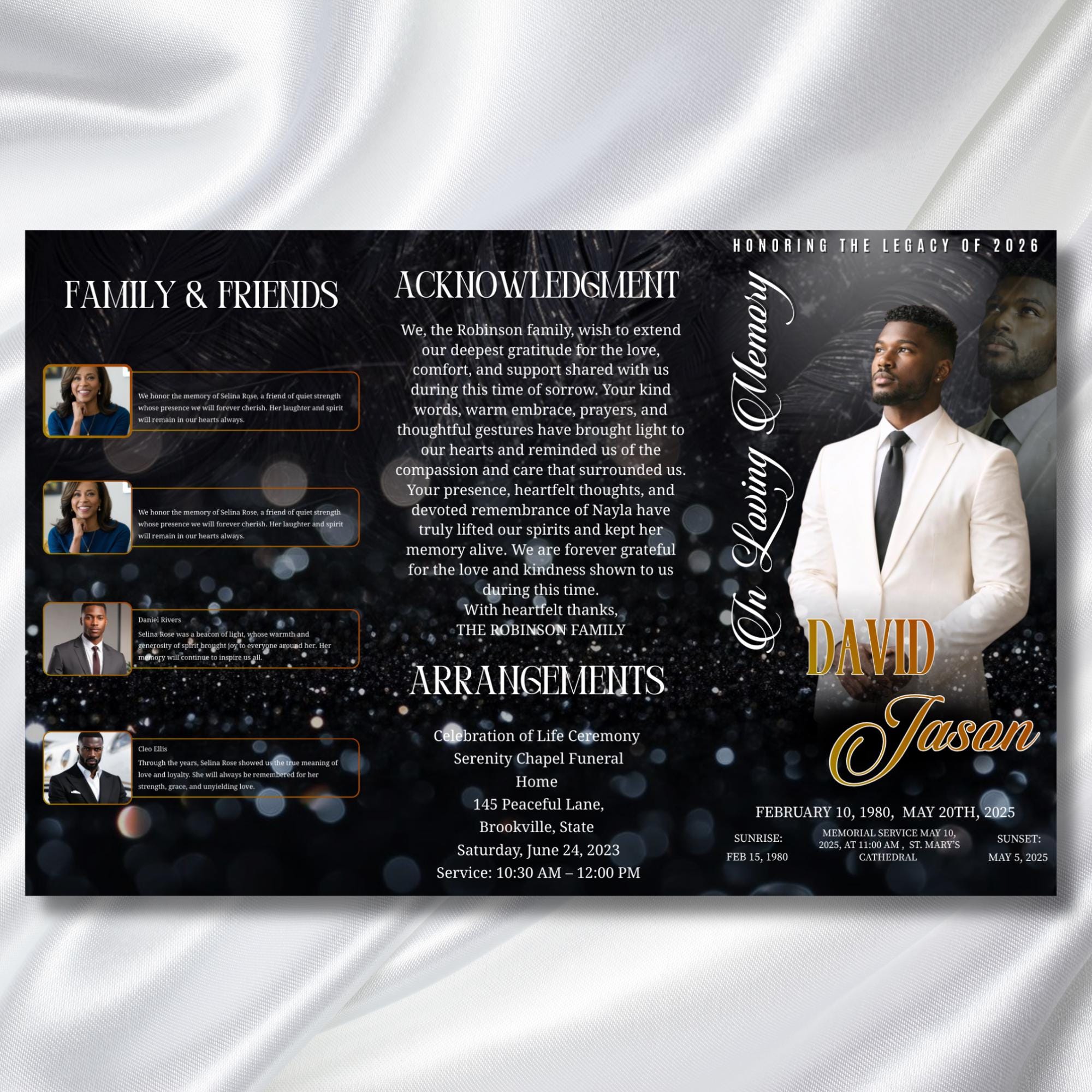 In Loving Memory Black Funeral Program Template, Editable TriFold 17x11 Program, Celebration of Life Obituary Program, Digital Download - Editable Memorial Canva Template