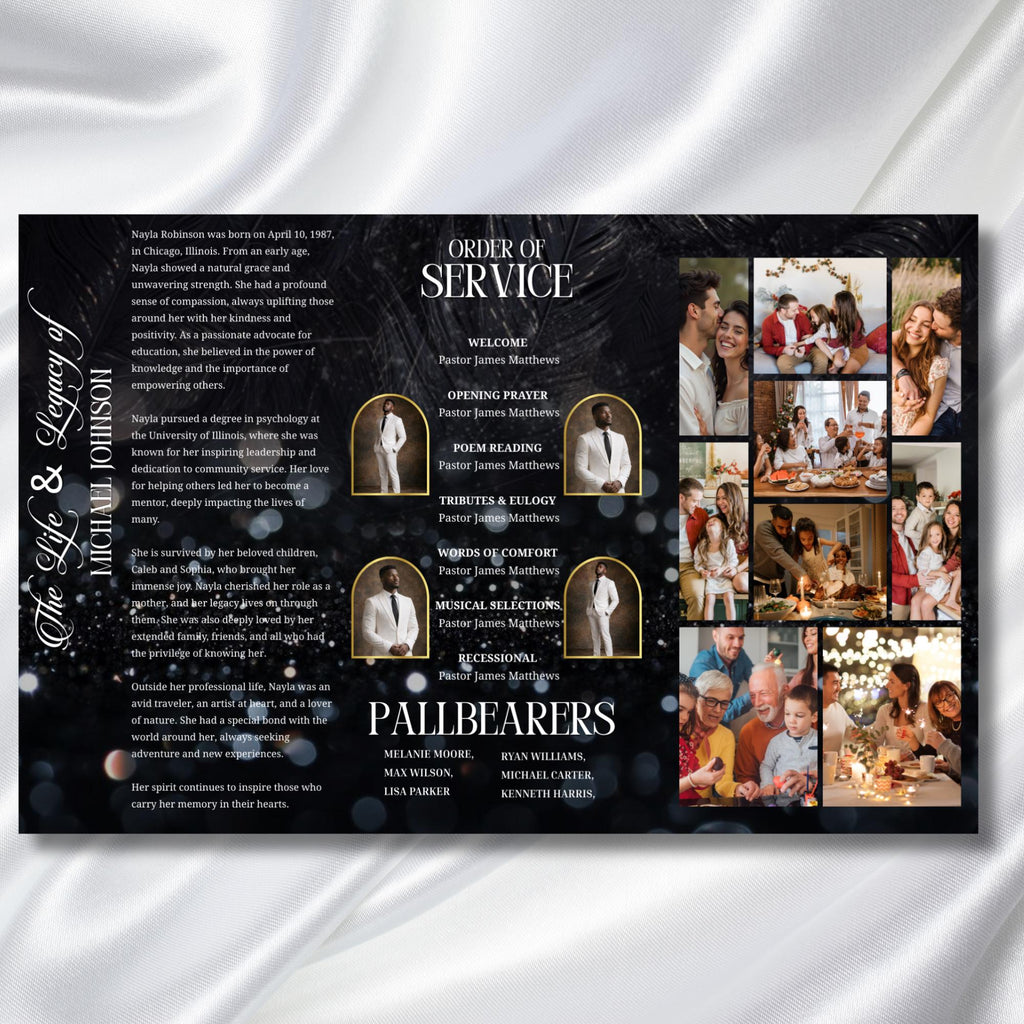 In Loving Memory Black Funeral Program Template, Editable TriFold 17x11 Program, Celebration of Life Obituary Program, Digital Download - Editable Memorial Canva Template