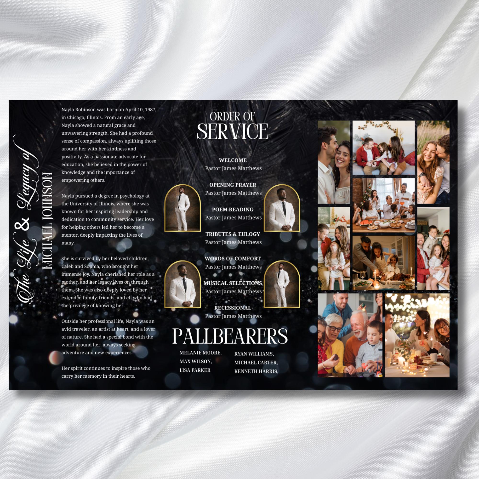 In Loving Memory Black Funeral Program Template, Editable TriFold 17x11 Program, Celebration of Life Obituary Program, Digital Download - Editable Memorial Canva Template