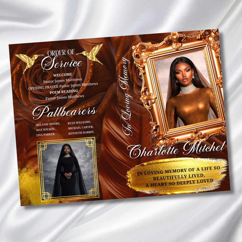 08 Brown In Loving Memory Funeral Program Template, Memorial Editable Bifold 11x8.5” Design, Obituary Celebration Of Life, Digital Download - Editable Memorial Canva Template