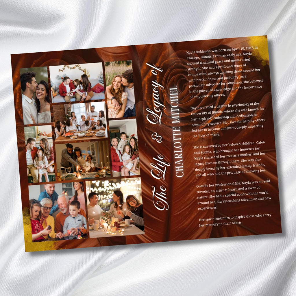 08 Brown In Loving Memory Funeral Program Template, Memorial Editable Bifold 11x8.5” Design, Obituary Celebration Of Life, Digital Download - Editable Memorial Canva Template