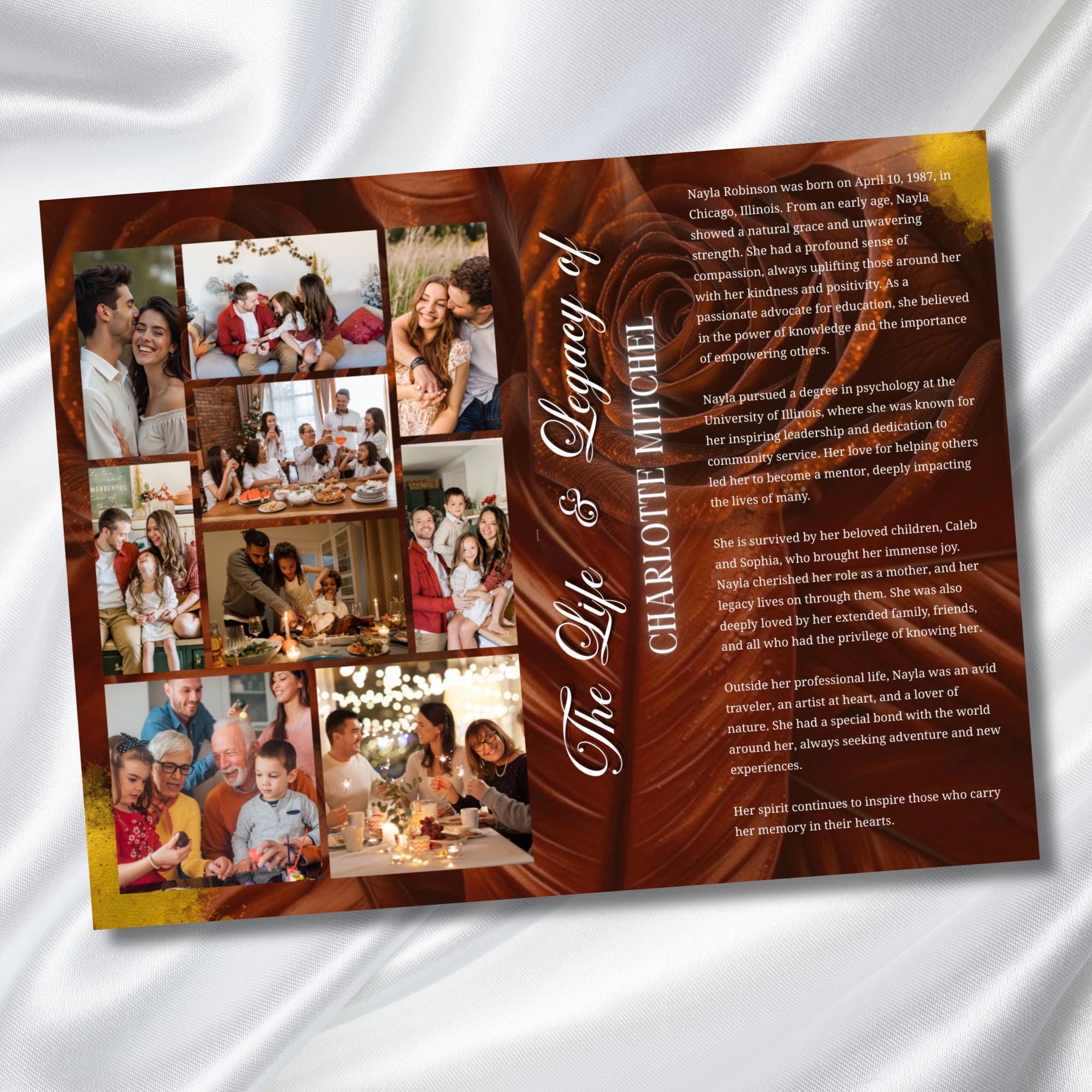 08 Brown In Loving Memory Funeral Program Template, Memorial Editable Bifold 11x8.5” Design, Obituary Celebration Of Life, Digital Download - Editable Memorial Canva Template