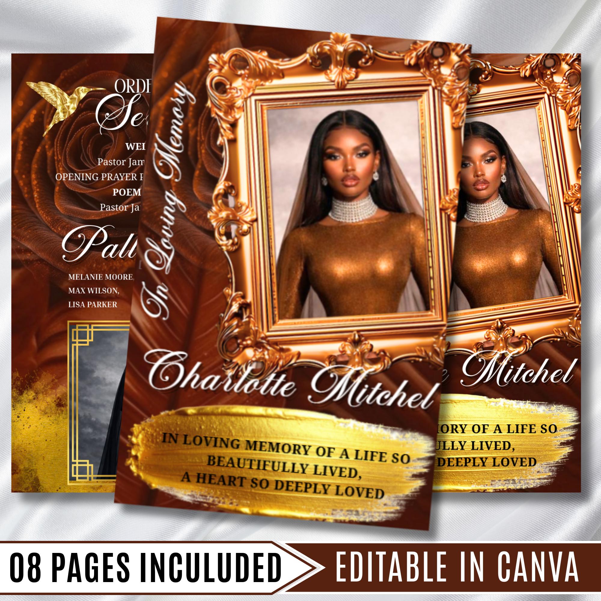 08 Brown In Loving Memory Funeral Program Template, Memorial Editable Bifold 11x8.5” Design, Obituary Celebration Of Life, Digital Download - Editable Memorial Canva Template