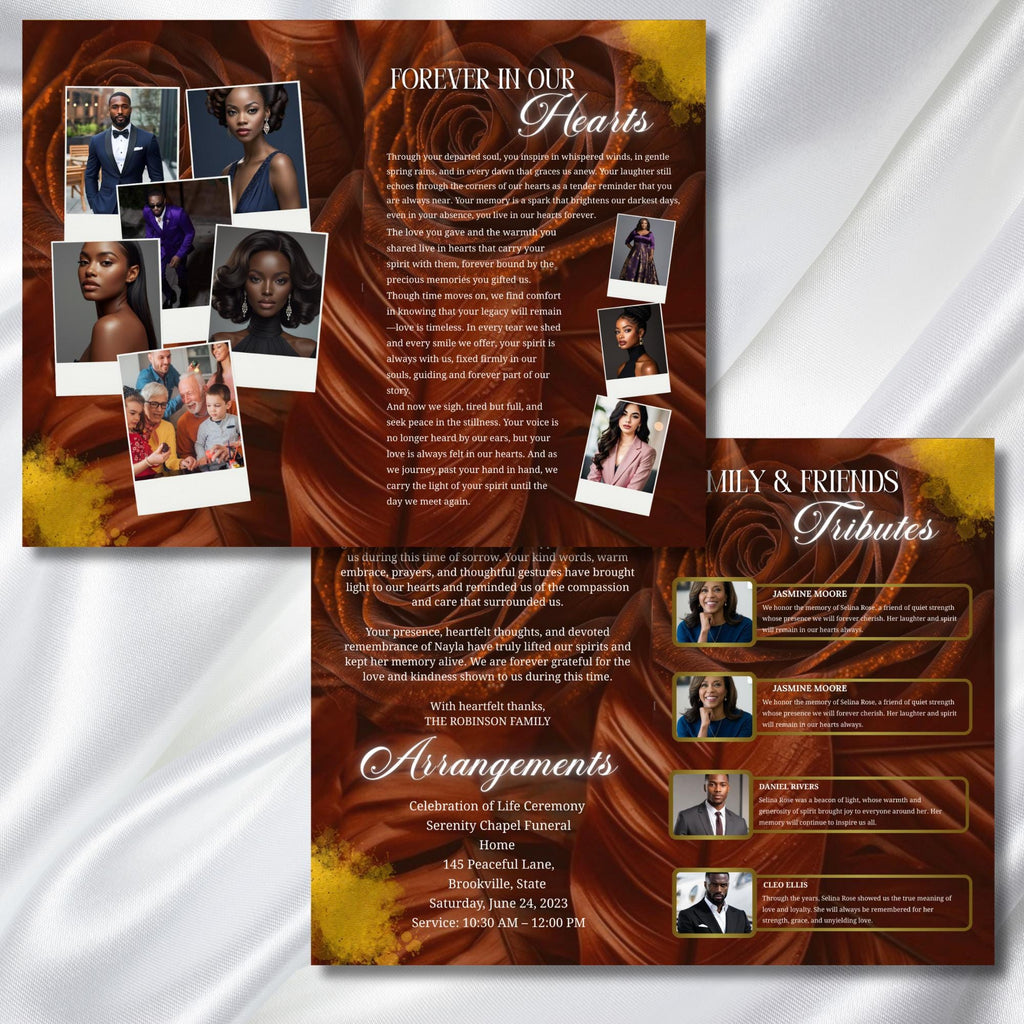 08 Brown In Loving Memory Funeral Program Template, Memorial Editable Bifold 11x8.5” Design, Obituary Celebration Of Life, Digital Download - Editable Memorial Canva Template