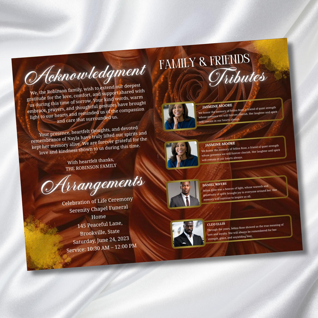 08 Brown In Loving Memory Funeral Program Template, Memorial Editable Bifold 11x8.5” Design, Obituary Celebration Of Life, Digital Download - Editable Memorial Canva Template