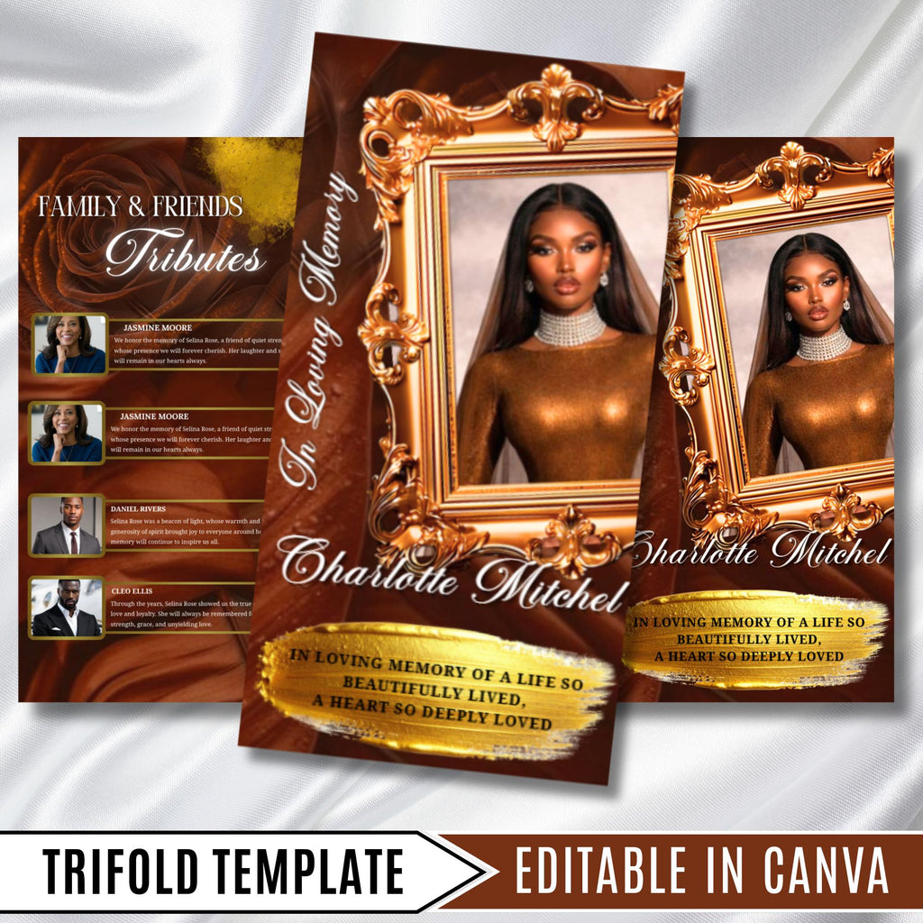 In Loving Memory Brown Funeral Program Template, Editable TriFold 17x11 Program, Celebration of Life Obituary Program, Digital Download - Editable Memorial Canva Template