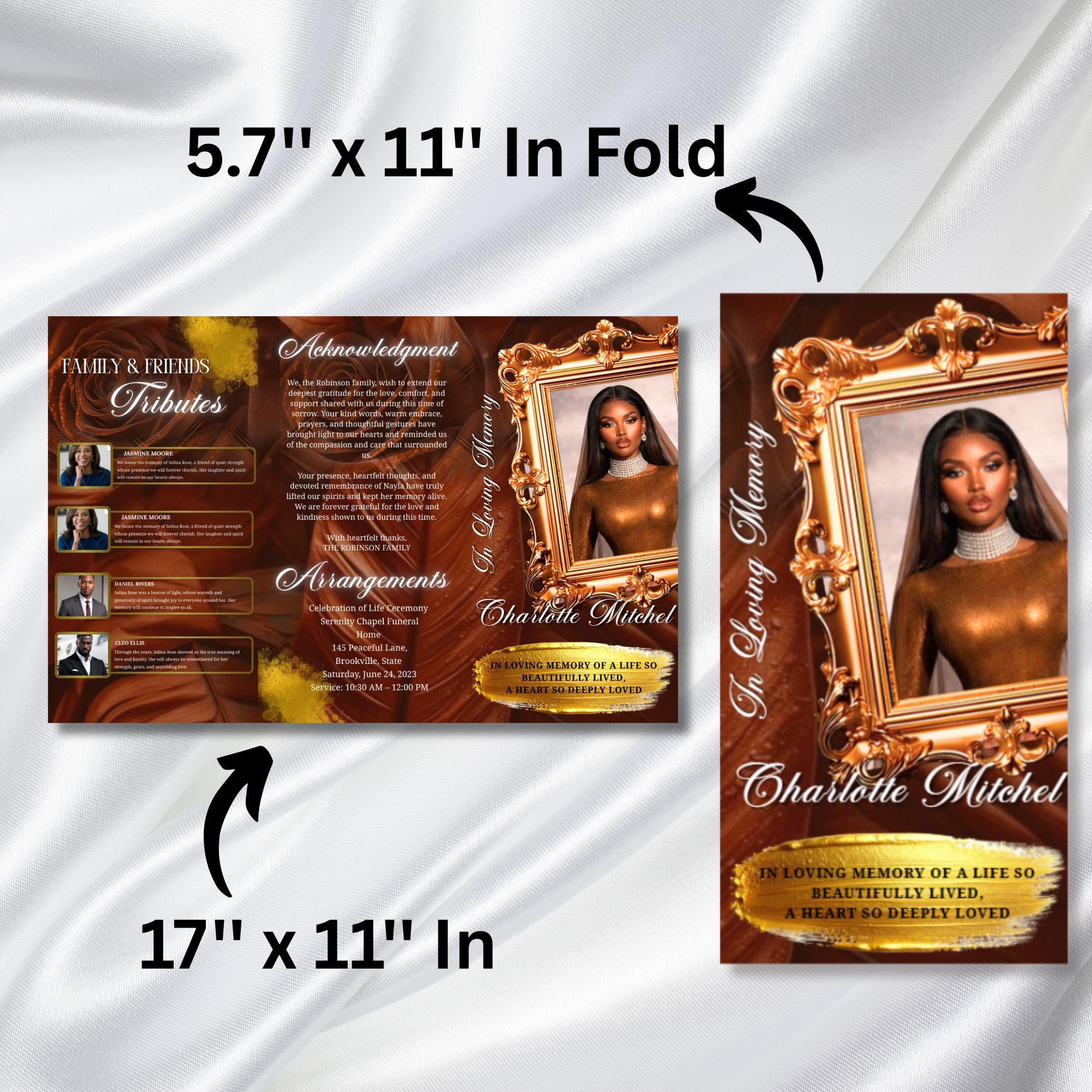 In Loving Memory Brown Funeral Program Template, Editable TriFold 17x11 Program, Celebration of Life Obituary Program, Digital Download - Editable Memorial Canva Template