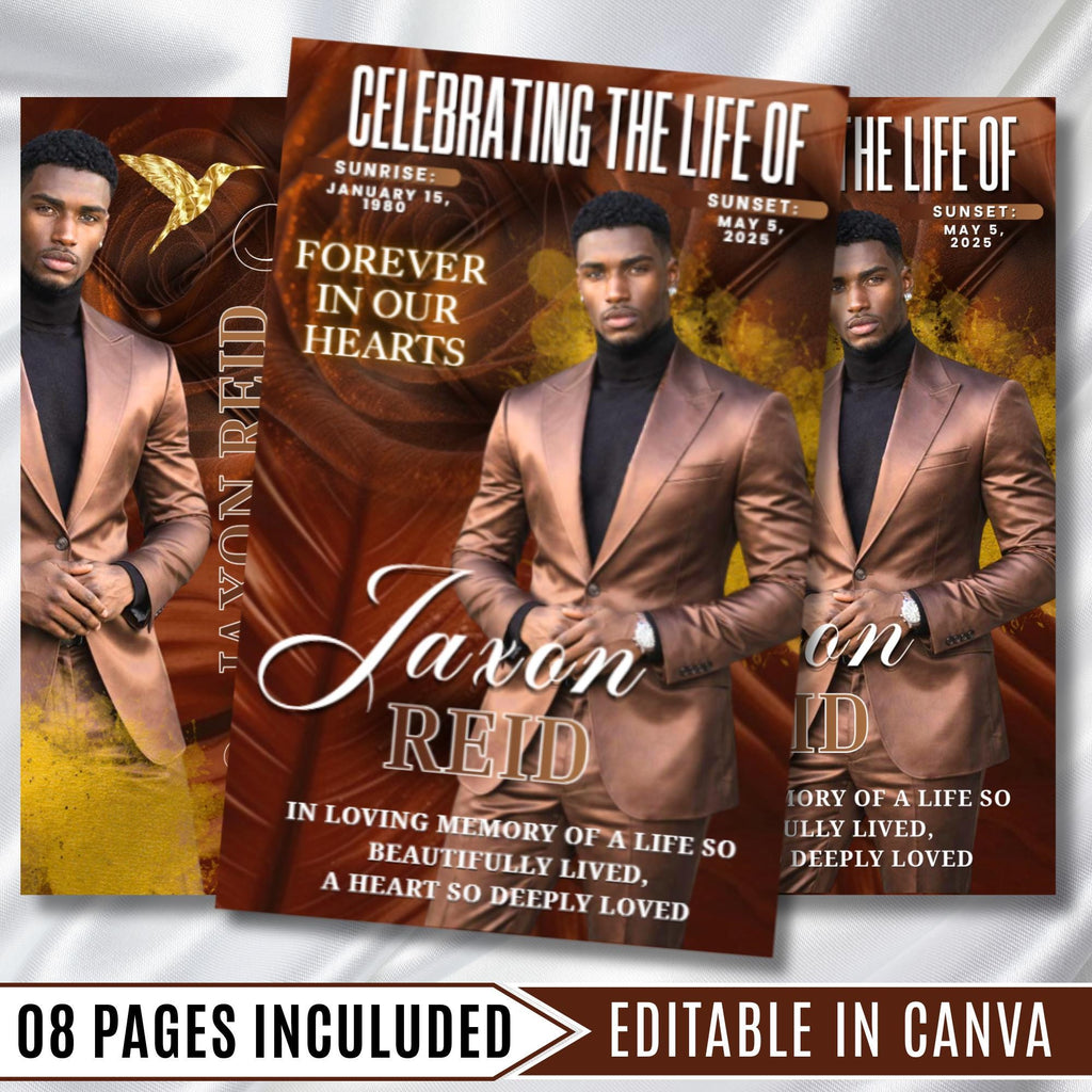 08 Brown In Loving Memory Funeral Program Template, Memorial Editable Bifold 11x8.5” Design, Obituary Celebration Of Life, Digital Download - Editable Memorial Canva Template