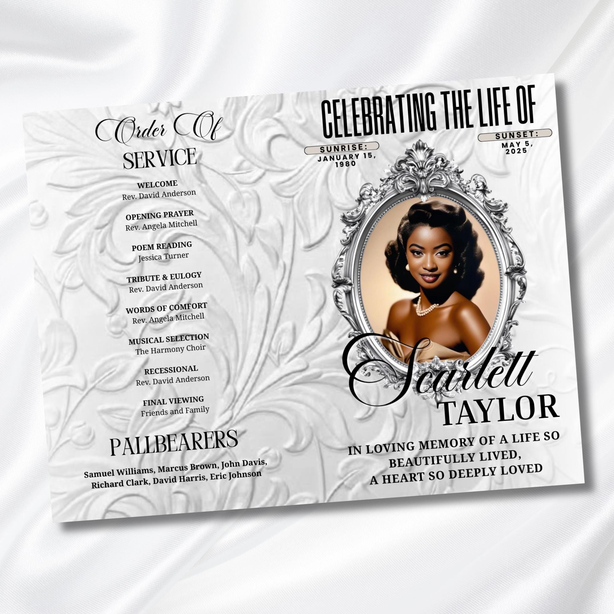 08 Pages Cream White Funeral Program Template, Memorial Editable Bifold 11x8.5” Design, Obituary Celebration Of Life, Digital Download - Editable Memorial Canva Template