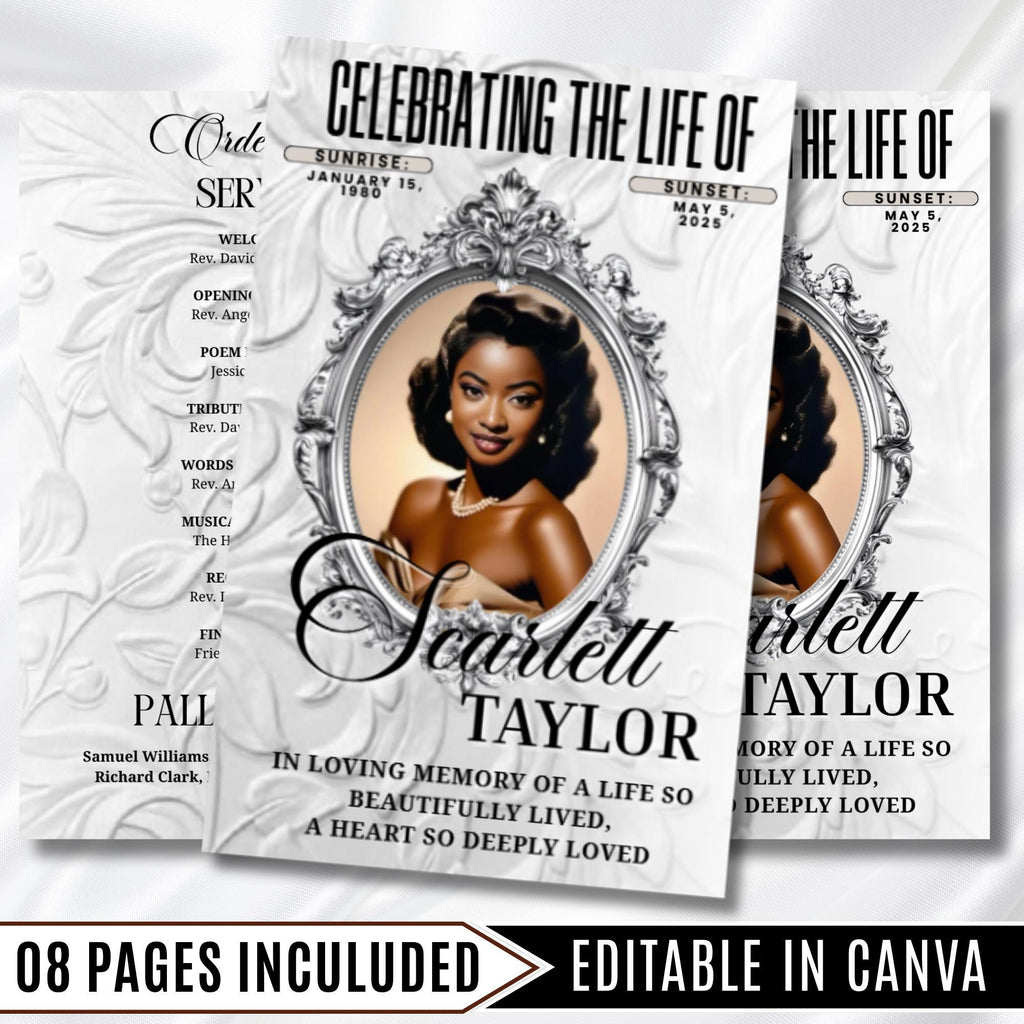 08 Pages Cream White Funeral Program Template, Memorial Editable Bifold 11x8.5” Design, Obituary Celebration Of Life, Digital Download - Editable Memorial Canva Template