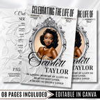 08 Pages Cream White Funeral Program Template, Memorial Editable Bifold 11x8.5” Design, Obituary Celebration Of Life, Digital Download - Editable Memorial Canva Template