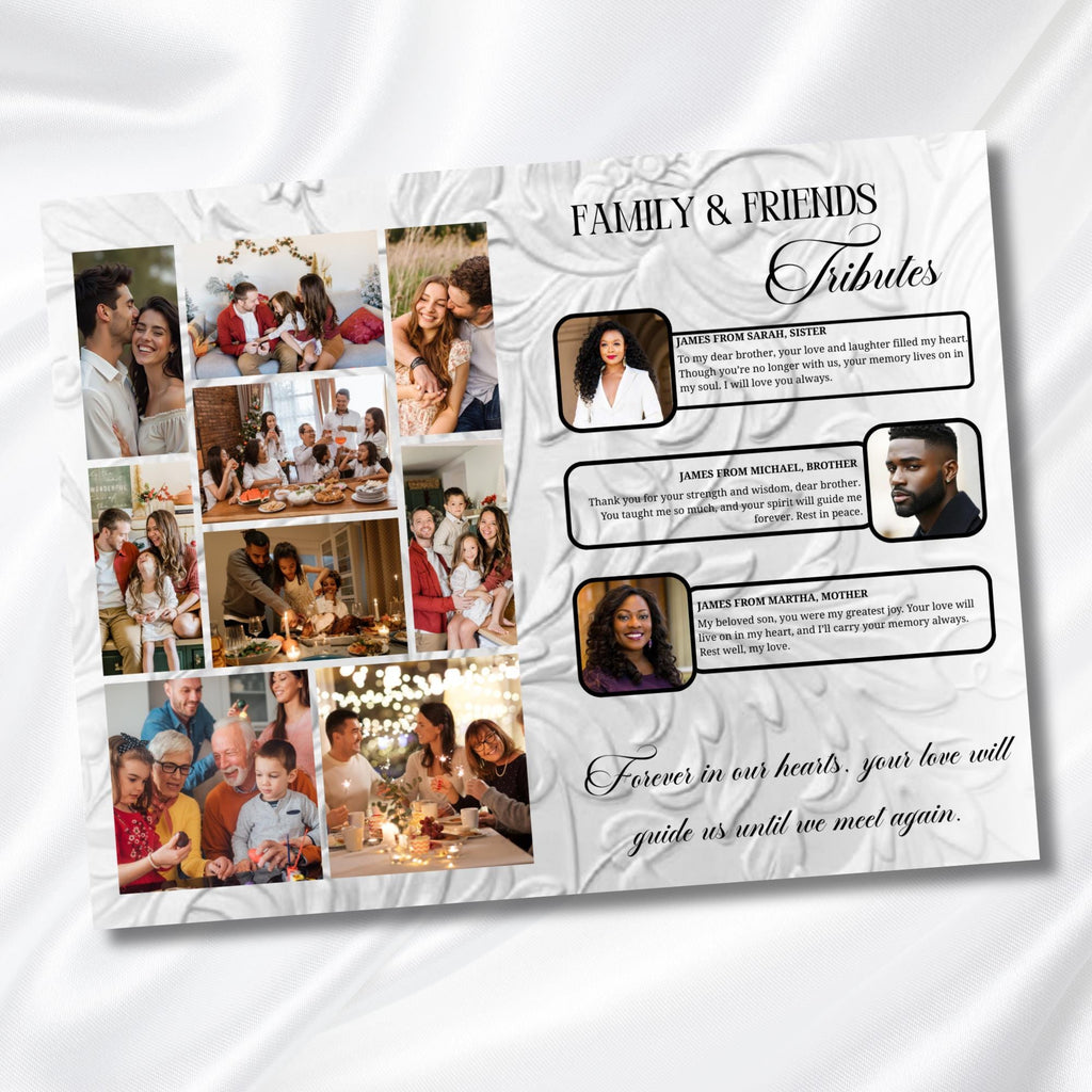 08 Pages Cream White Funeral Program Template, Memorial Editable Bifold 11x8.5” Design, Obituary Celebration Of Life, Digital Download - Editable Memorial Canva Template