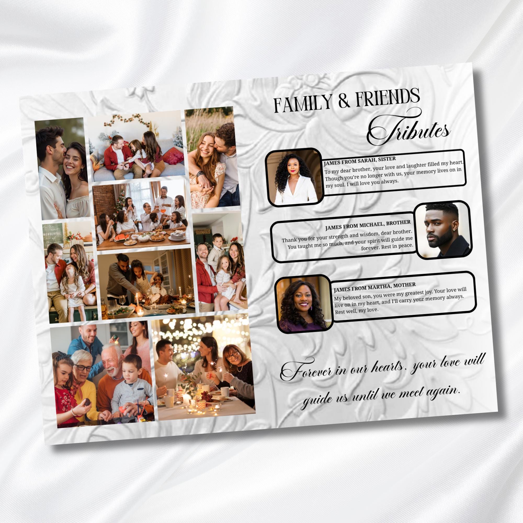 08 Pages Cream White Funeral Program Template, Memorial Editable Bifold 11x8.5” Design, Obituary Celebration Of Life, Digital Download - Editable Memorial Canva Template