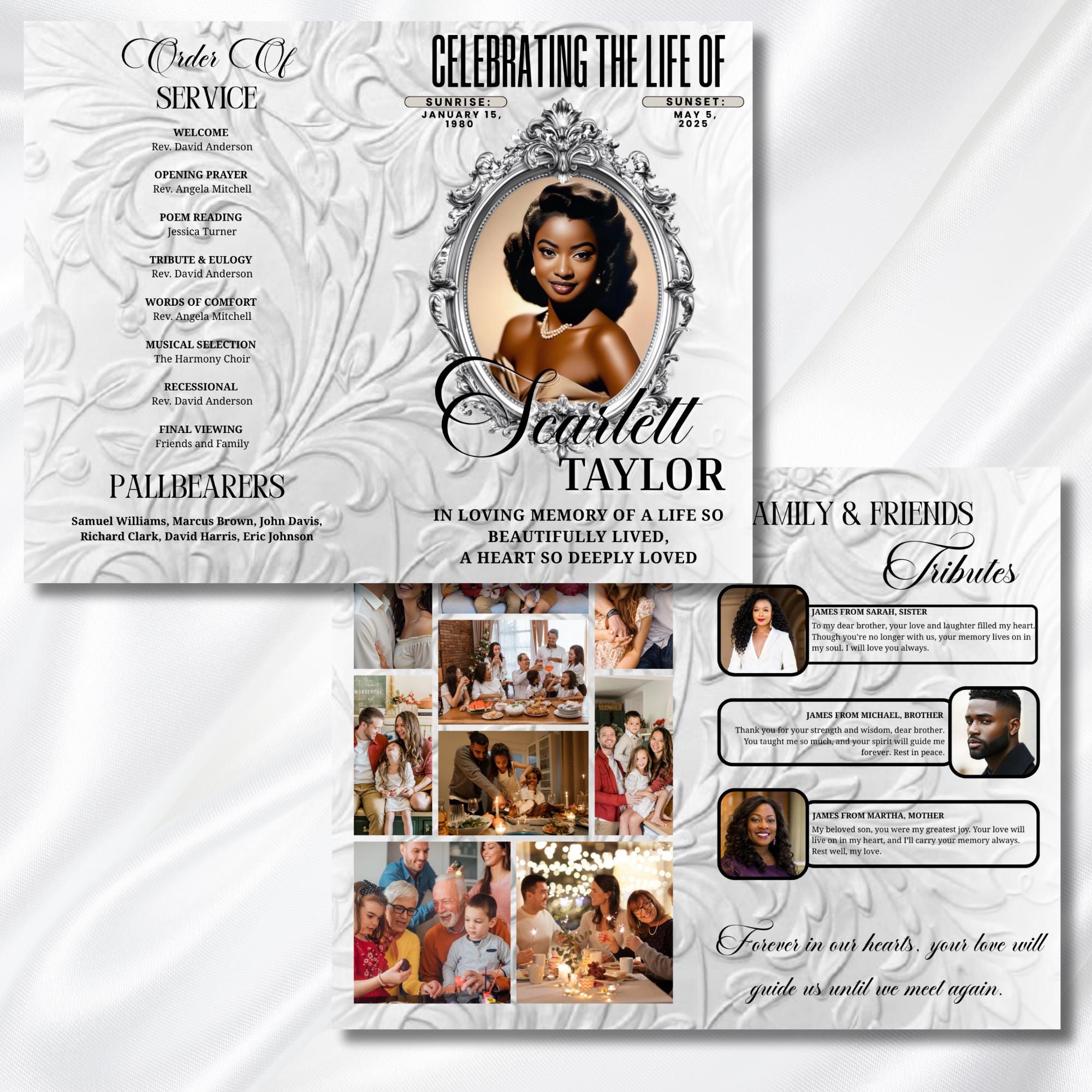 08 Pages Cream White Funeral Program Template, Memorial Editable Bifold 11x8.5” Design, Obituary Celebration Of Life, Digital Download - Editable Memorial Canva Template