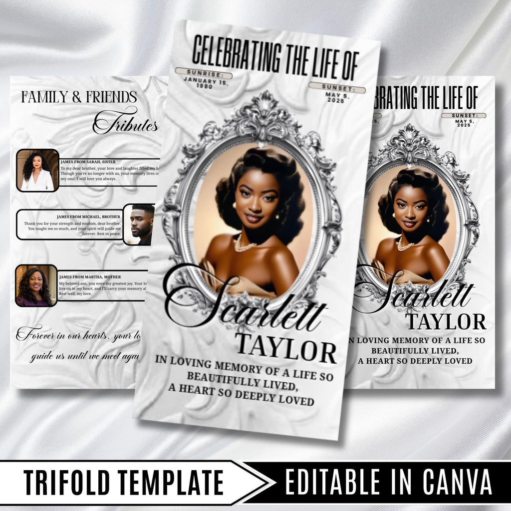 08 Memorial Cream White Funeral Program Template, Editable TriFold 17x11 Program, Celebration of Life Obituary Program, Digital Download - Editable Memorial Canva Template