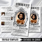 08 Memorial Cream White Funeral Program Template, Editable TriFold 17x11 Program, Celebration of Life Obituary Program, Digital Download - Editable Memorial Canva Template