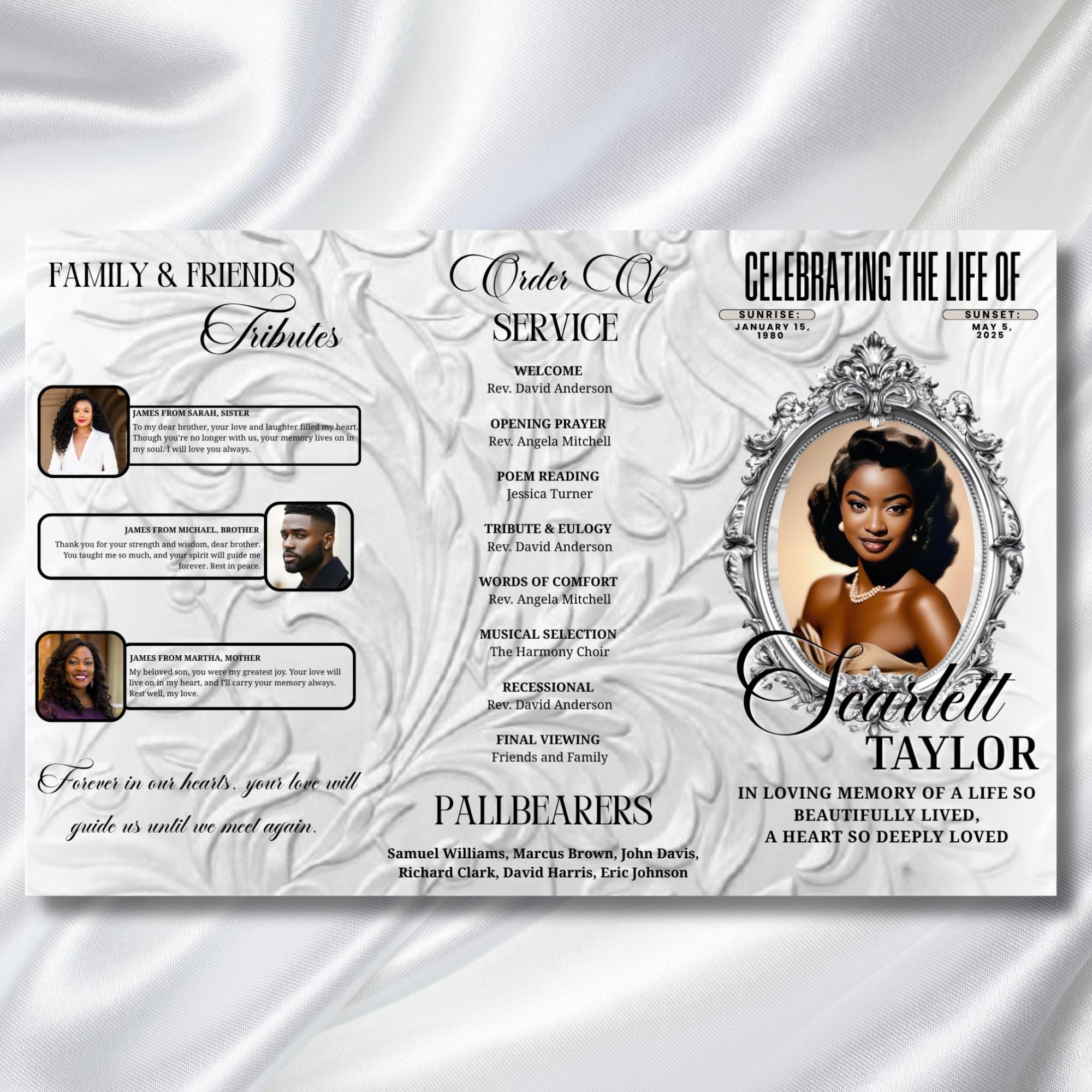 08 Memorial Cream White Funeral Program Template, Editable TriFold 17x11 Program, Celebration of Life Obituary Program, Digital Download - Editable Memorial Canva Template