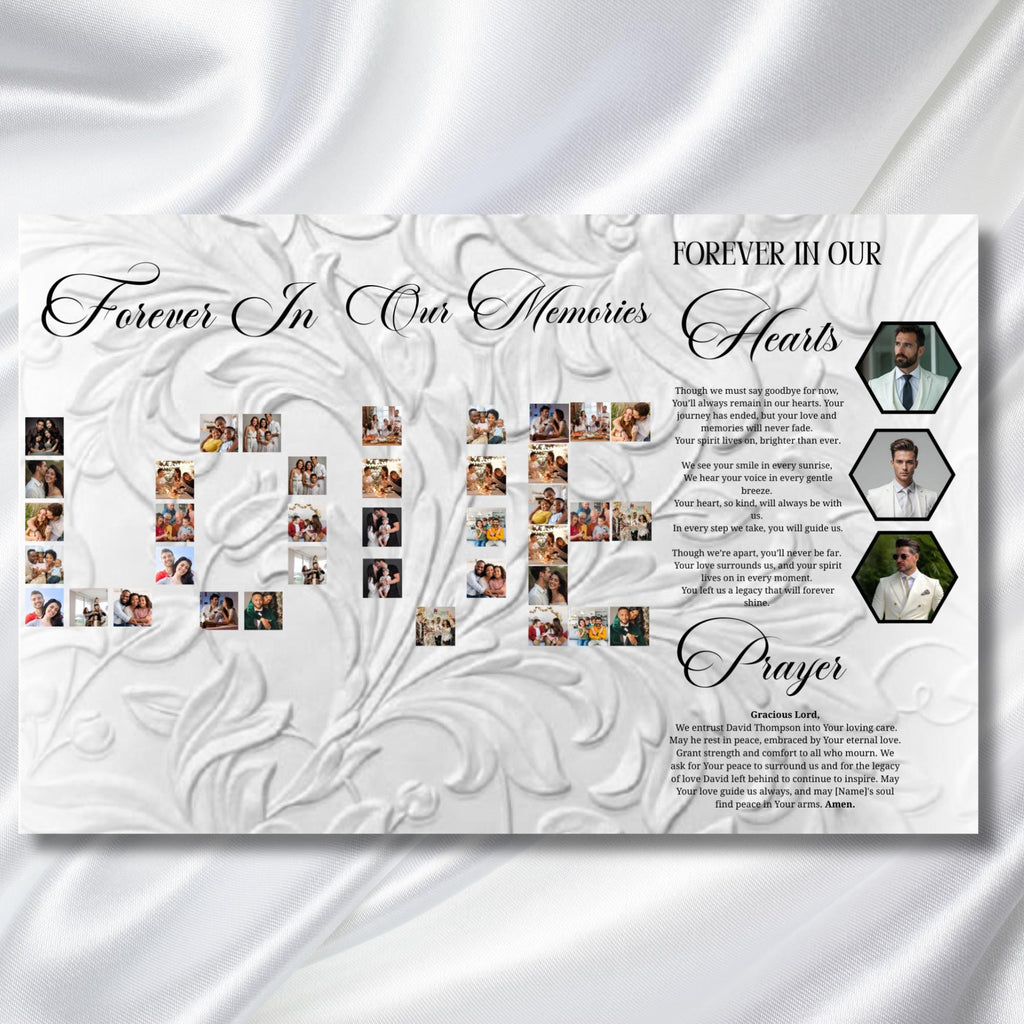 08 Memorial Cream White Funeral Program Template, Editable TriFold 17x11 Program, Celebration of Life Obituary Program, Digital Download - Editable Memorial Canva Template