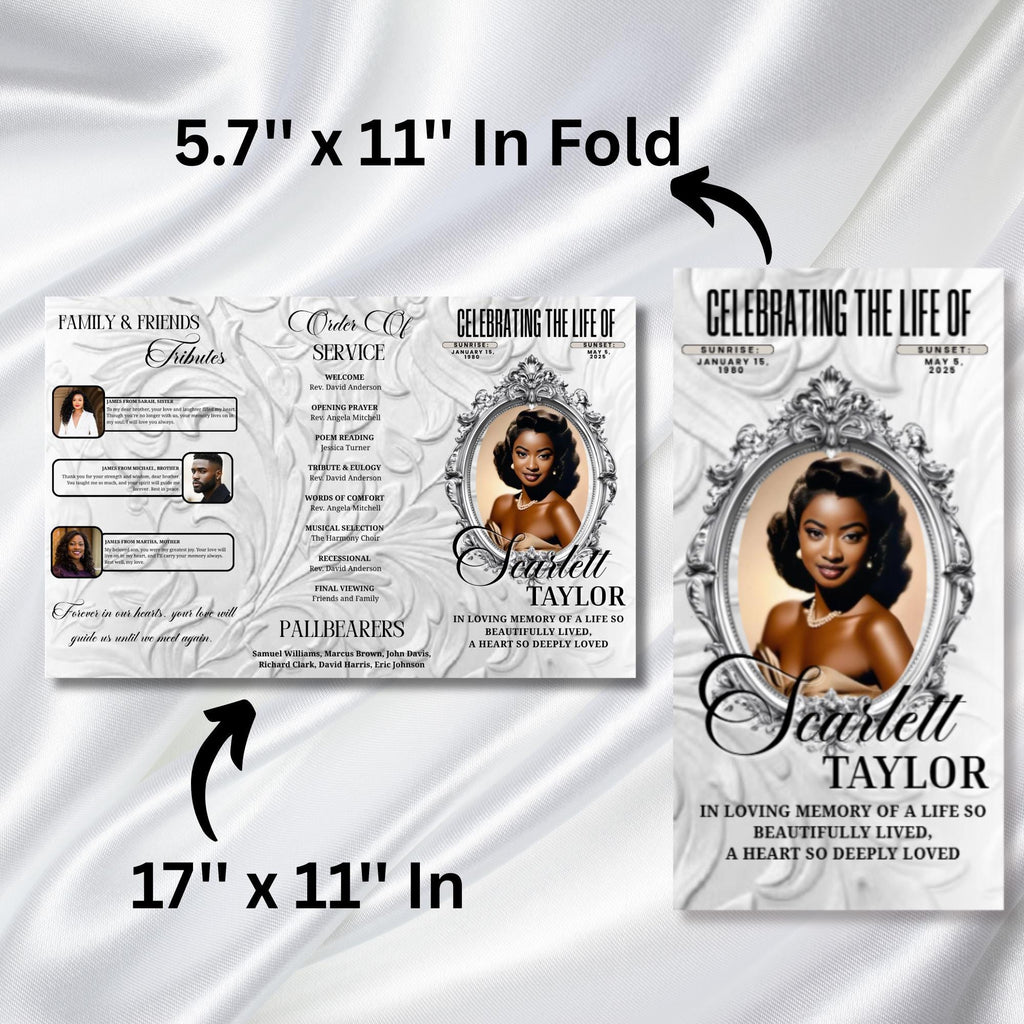 08 Memorial Cream White Funeral Program Template, Editable TriFold 17x11 Program, Celebration of Life Obituary Program, Digital Download - Editable Memorial Canva Template
