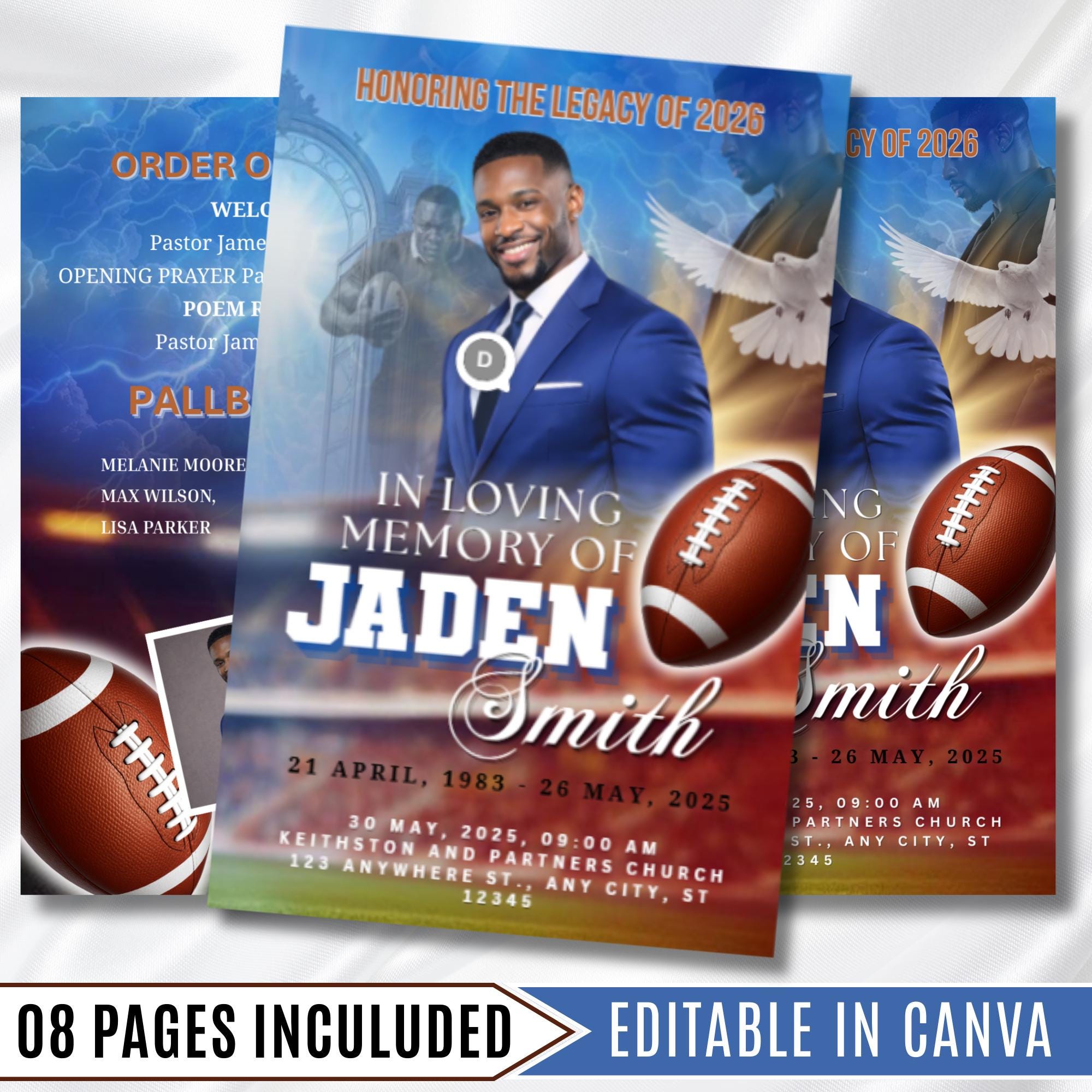 08 Pages Blue Football Funeral Program Template, Bi-Fold(11x8.5 in) Funeral Program, Obituary Celebration Of Life Program, Digital Download - Editable Memorial Canva Template